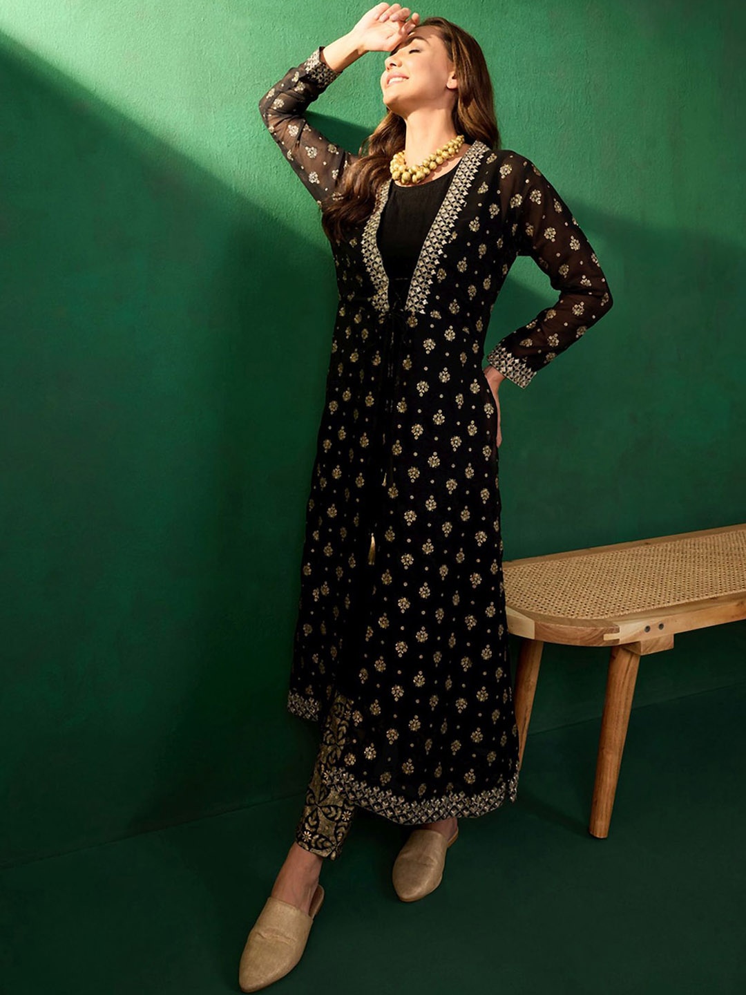 

Sangria Sequence Embroidered & Foil Printed Kurta With Trousers, Black