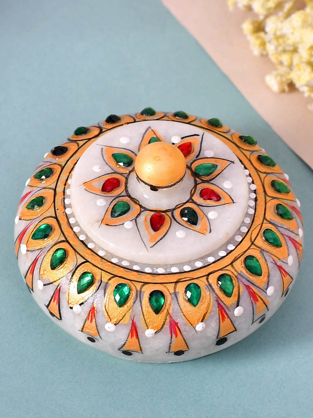 

CRAFTAM White & Red Marble Kumkum Bharani Box