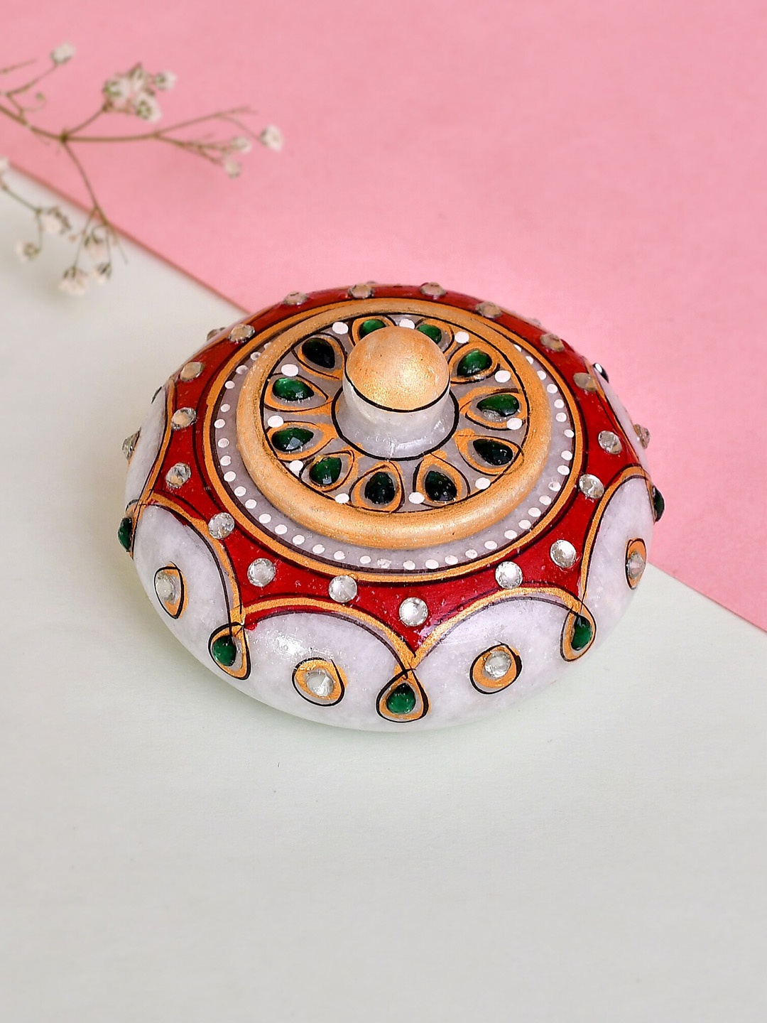 

CRAFTAM White & Red Marble Kumkum Bharani Box