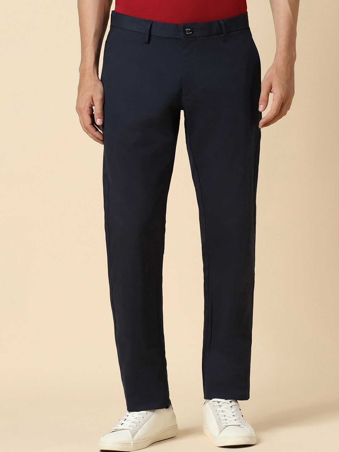 

Allen Solly Men Slim Fit Mid-Rise Plain Regular Trousers, Navy blue