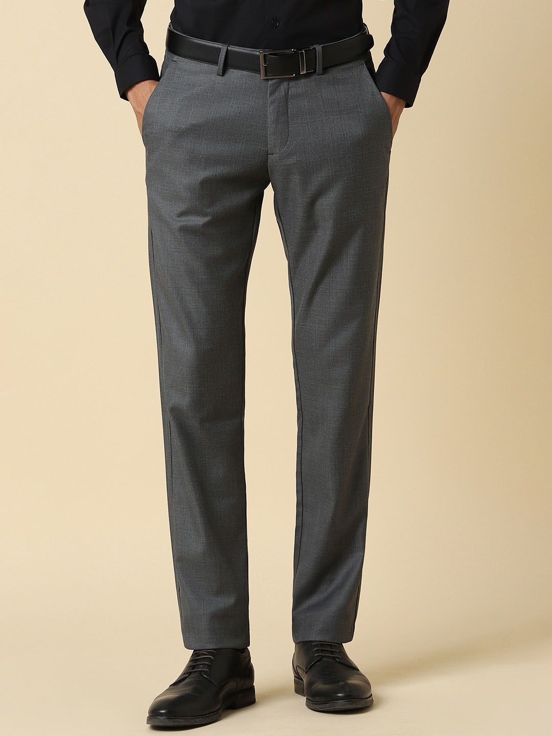 

Allen Solly Men Checked Slim Fit Mid-Rise Formal Trousers, Grey