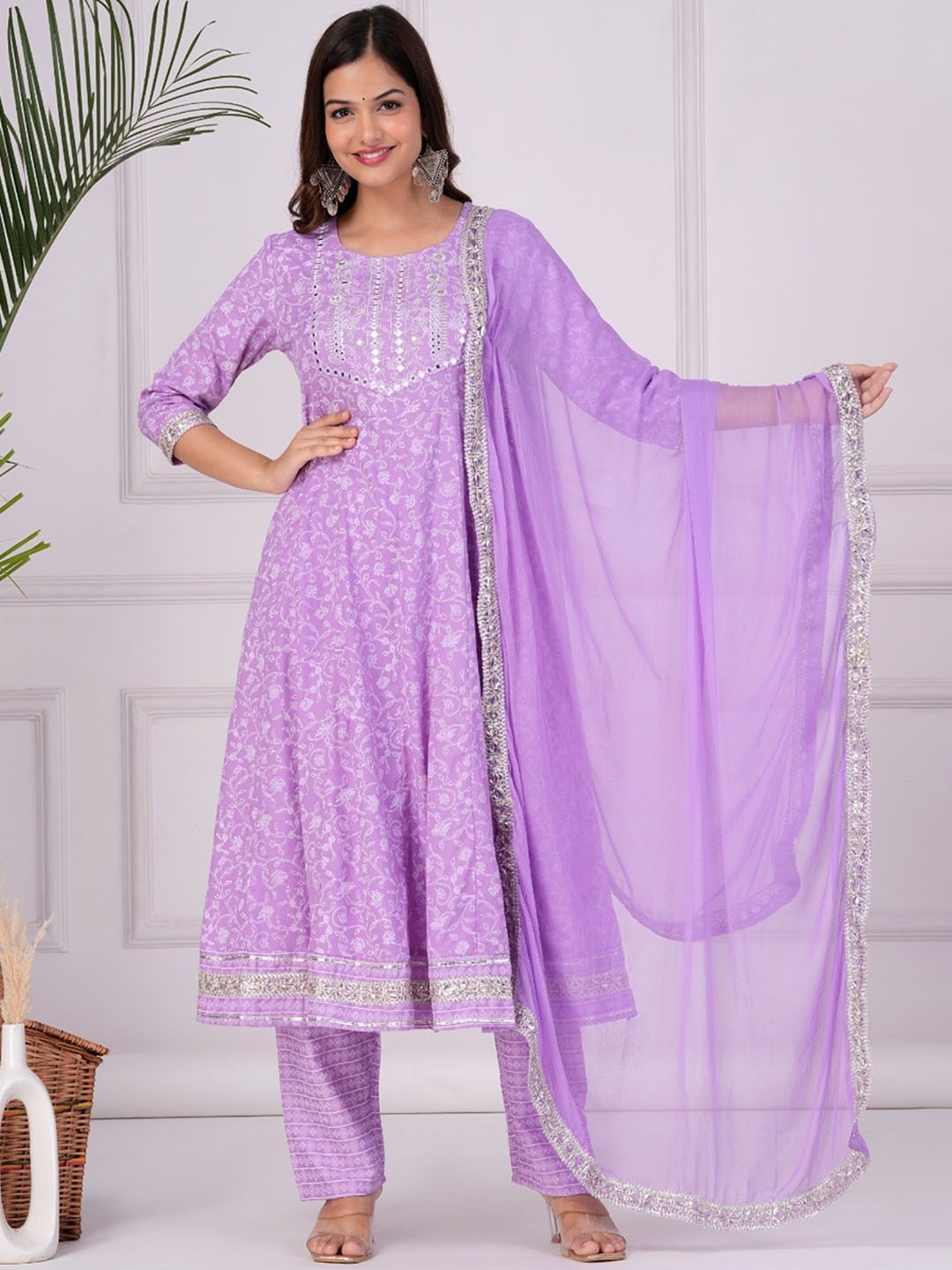 

SK2 Fashion Floral Printed Pleated Thread Work Kurta with Trousers & With Dupatta, Lavender
