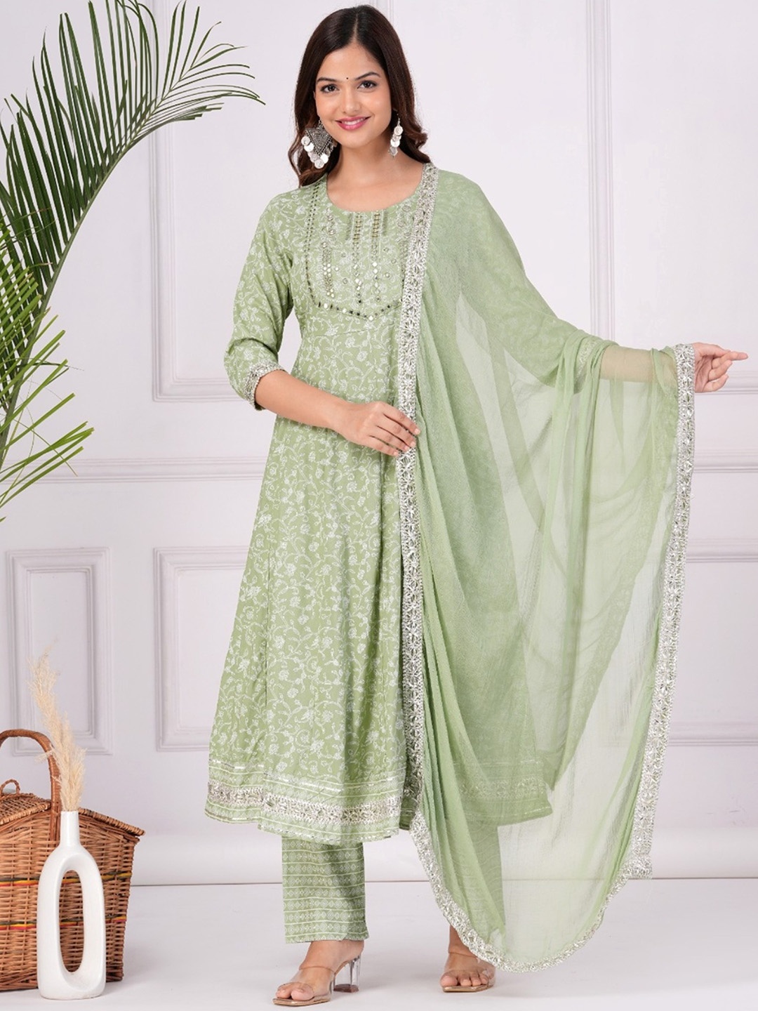 

SK2 Fashion Floral Printed Pleated Mirror Work Kurta with Trousers & With Dupatta, Green