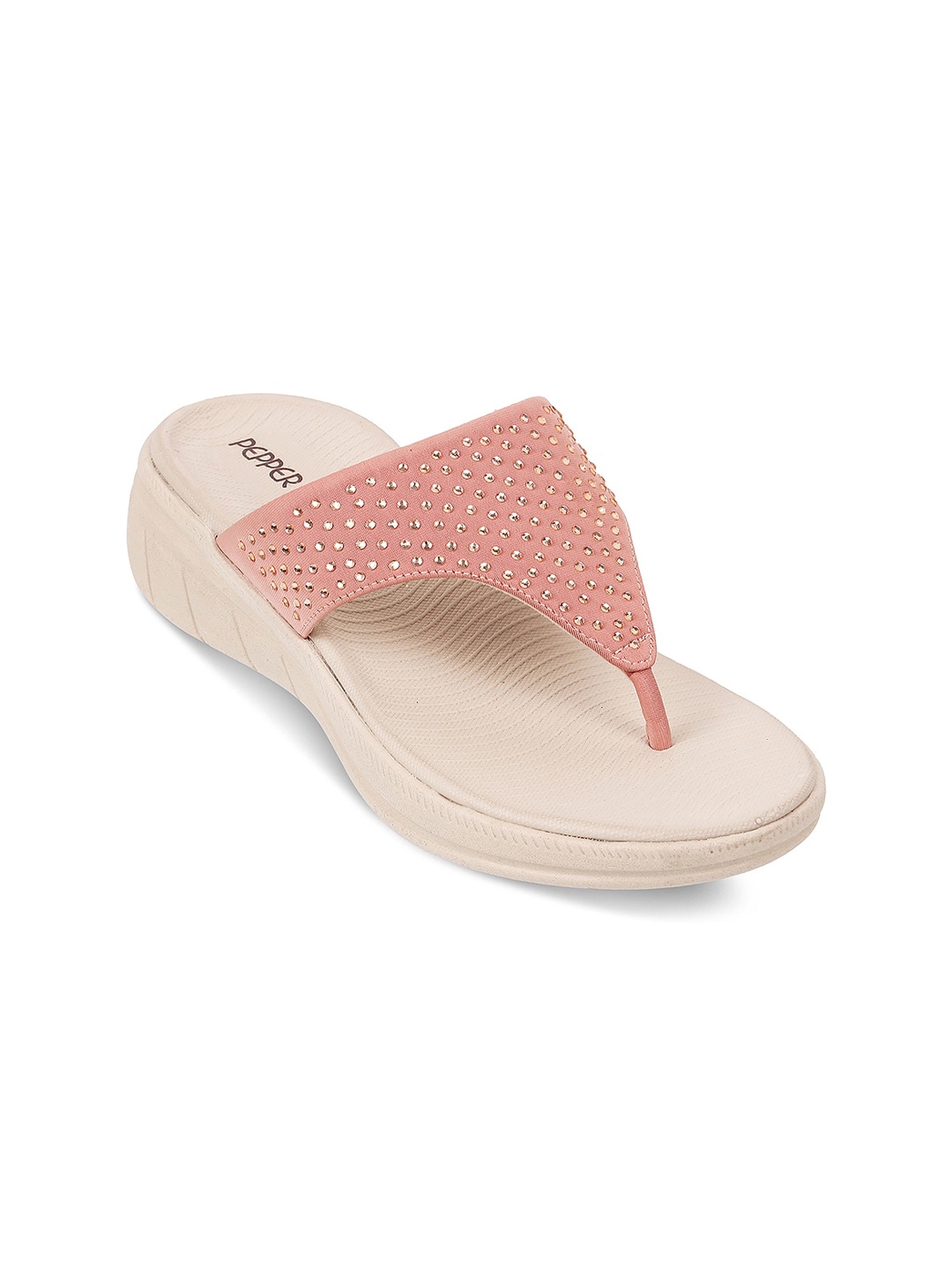 

PEPPER Embellished Open Toe T-Strap Flats, Peach