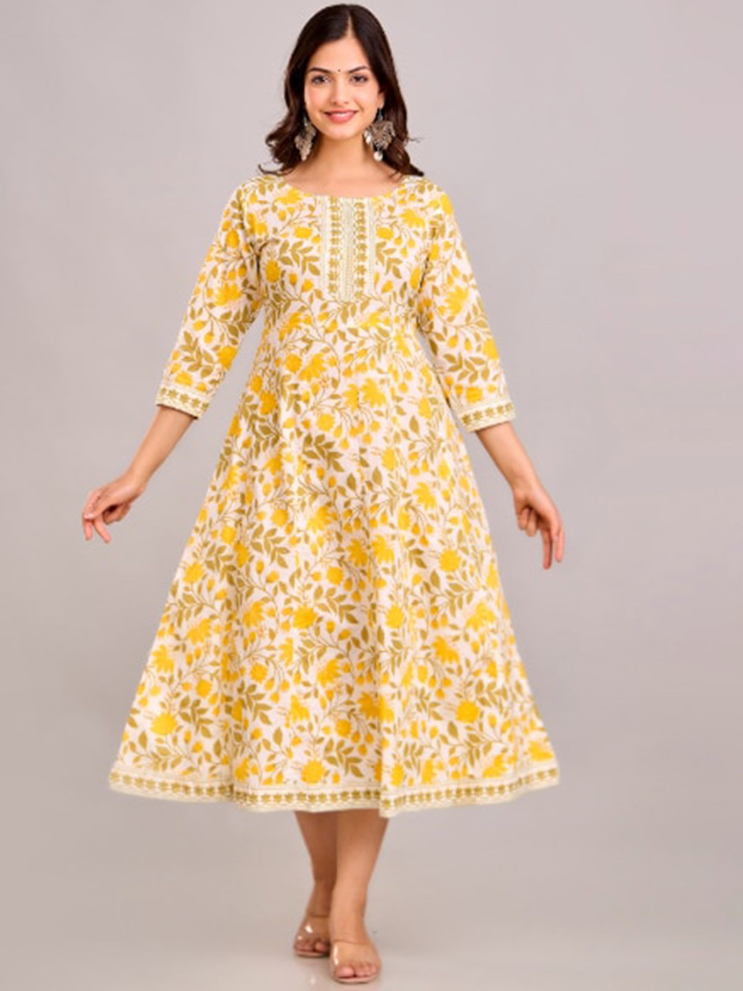 

BAIRAJ Floral Printed Thread Work Boat Neck A-Line Dress, Yellow
