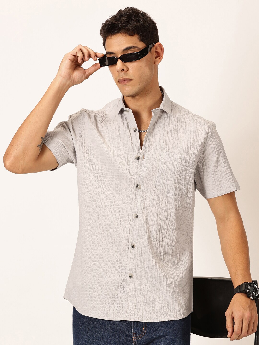 

Mast & Harbour Grey Spread Collar Premium Opaque Striped Cotton Casual Shirt