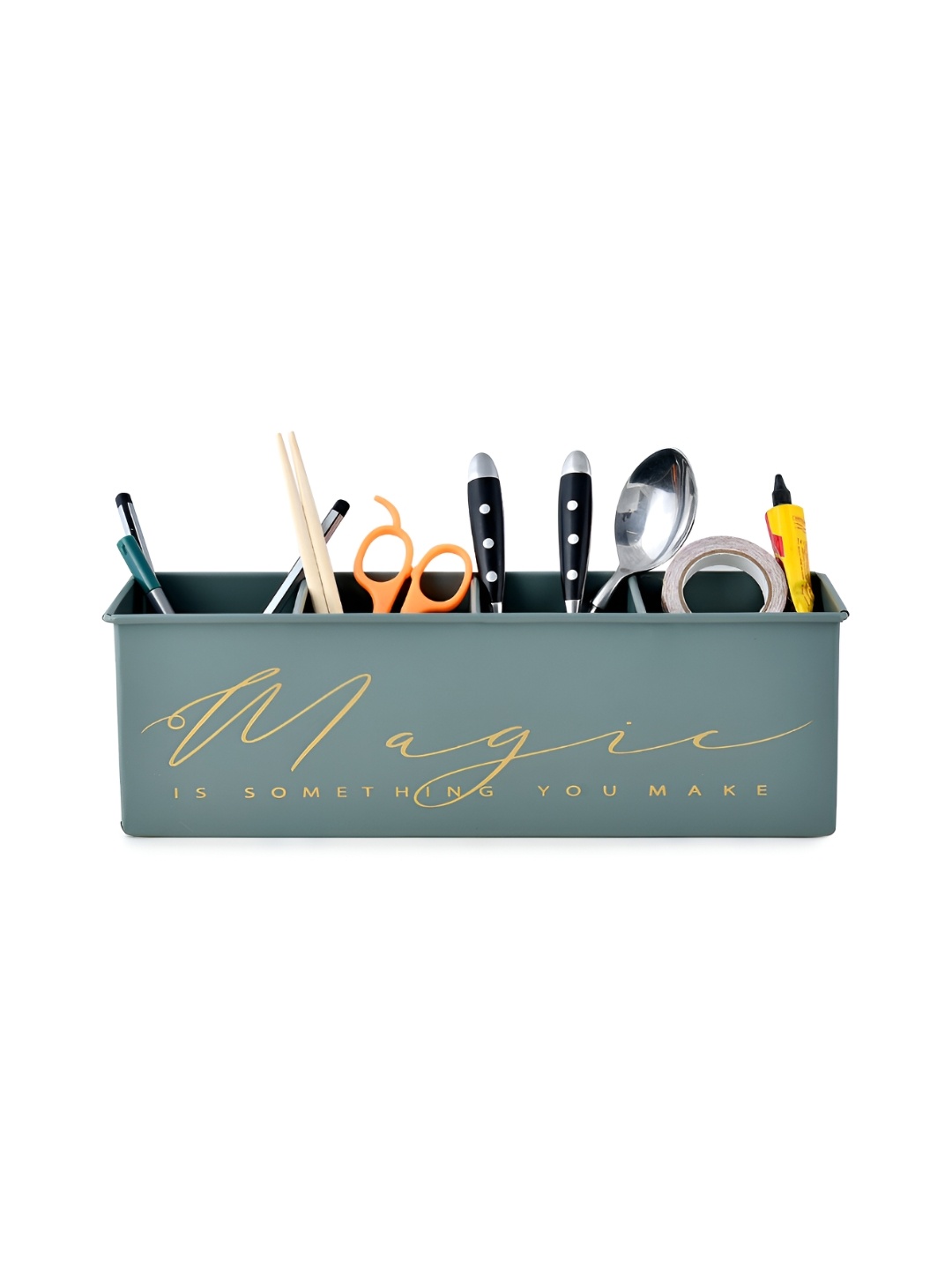 

Living With Elan Green Typography Printed 4 Compartments Reusable Desk Organizer