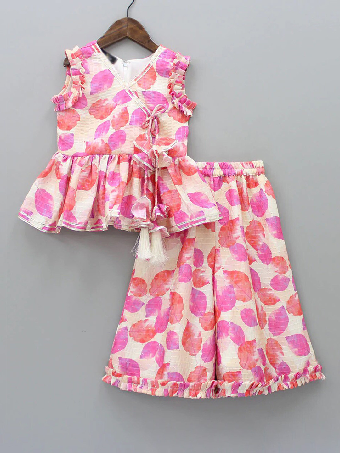 

BAESD Girls Floral Printed Angrakha Gotta Patti Kurta with Palazzos, Pink