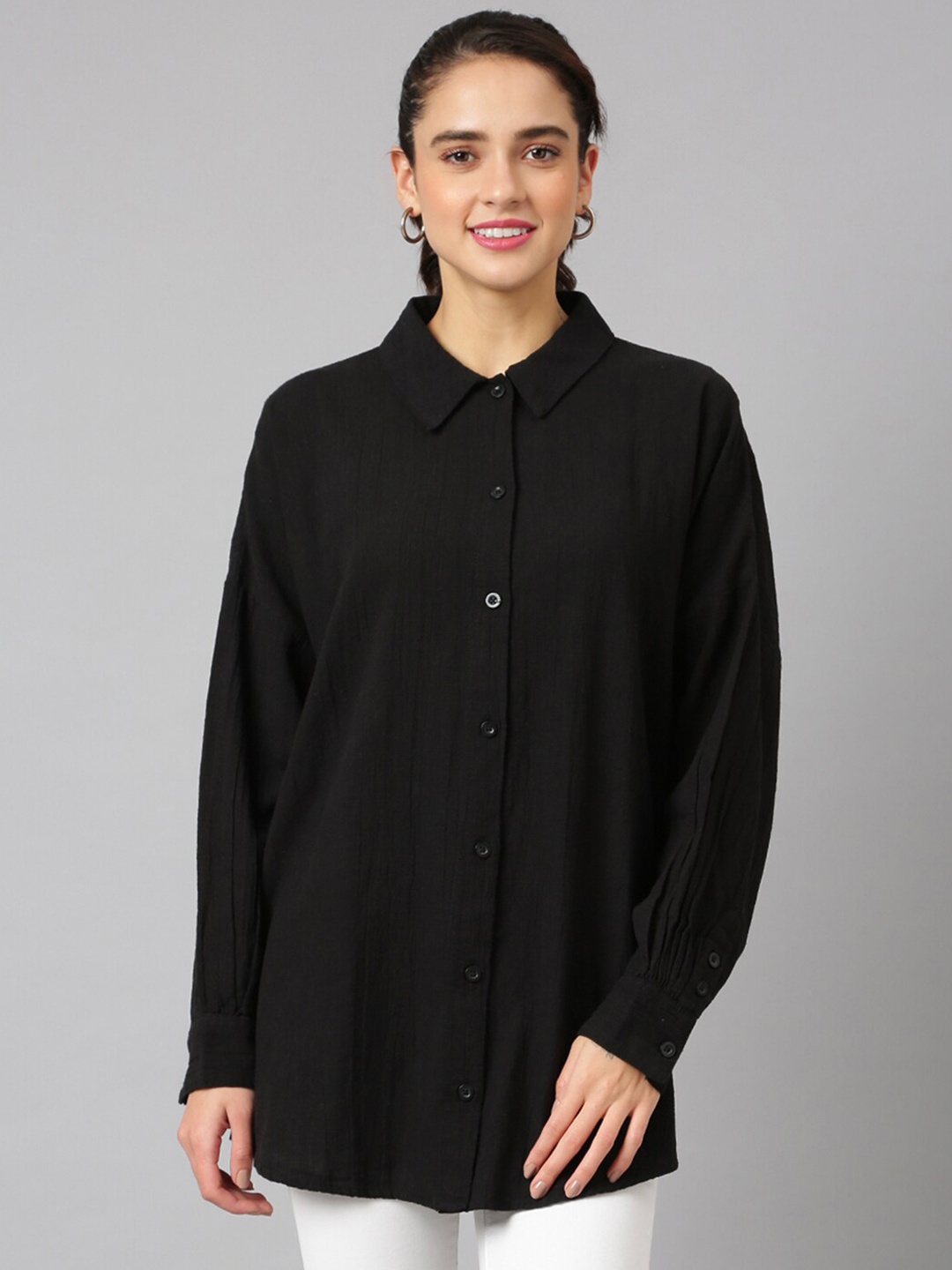 

ANAI Standard Spread Collar Long Sleeves Oversized Cotton Casual Shirt, Black