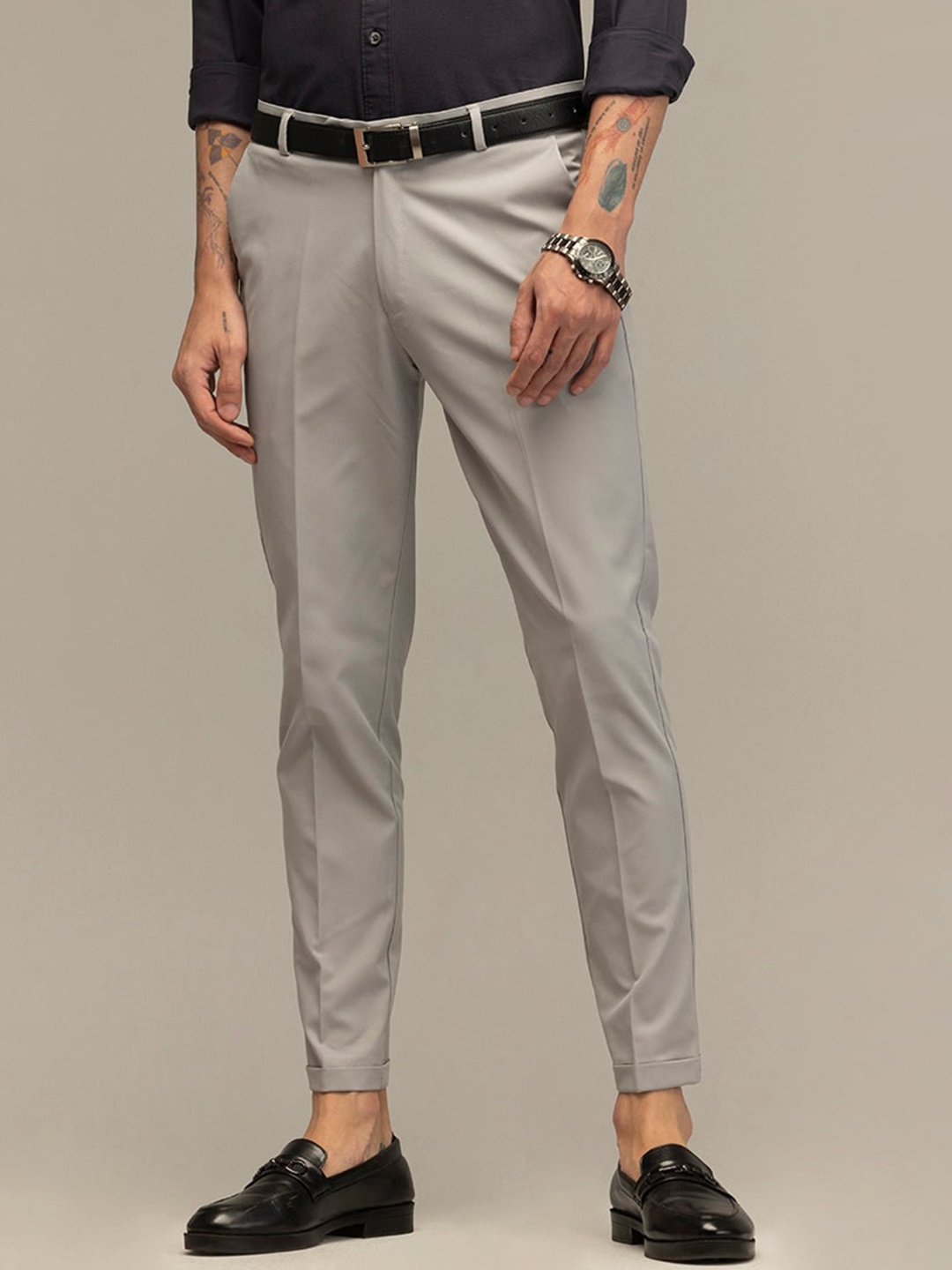 

Snitch Men Grey Smart Slim Fit Chinos Trousers