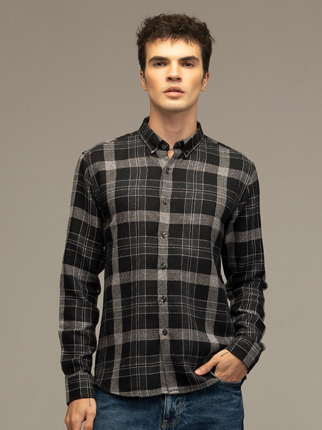 

Snitch Button Down Collar Long Sleeves Classic Slim Fit Cotton Checked Casual Shirt, Black