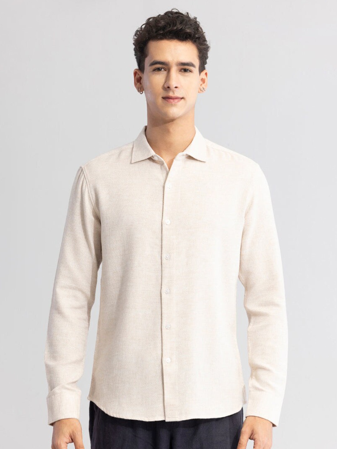 

Snitch Spread Collar Classic Linen Slim Fit Casual Shirt, Cream