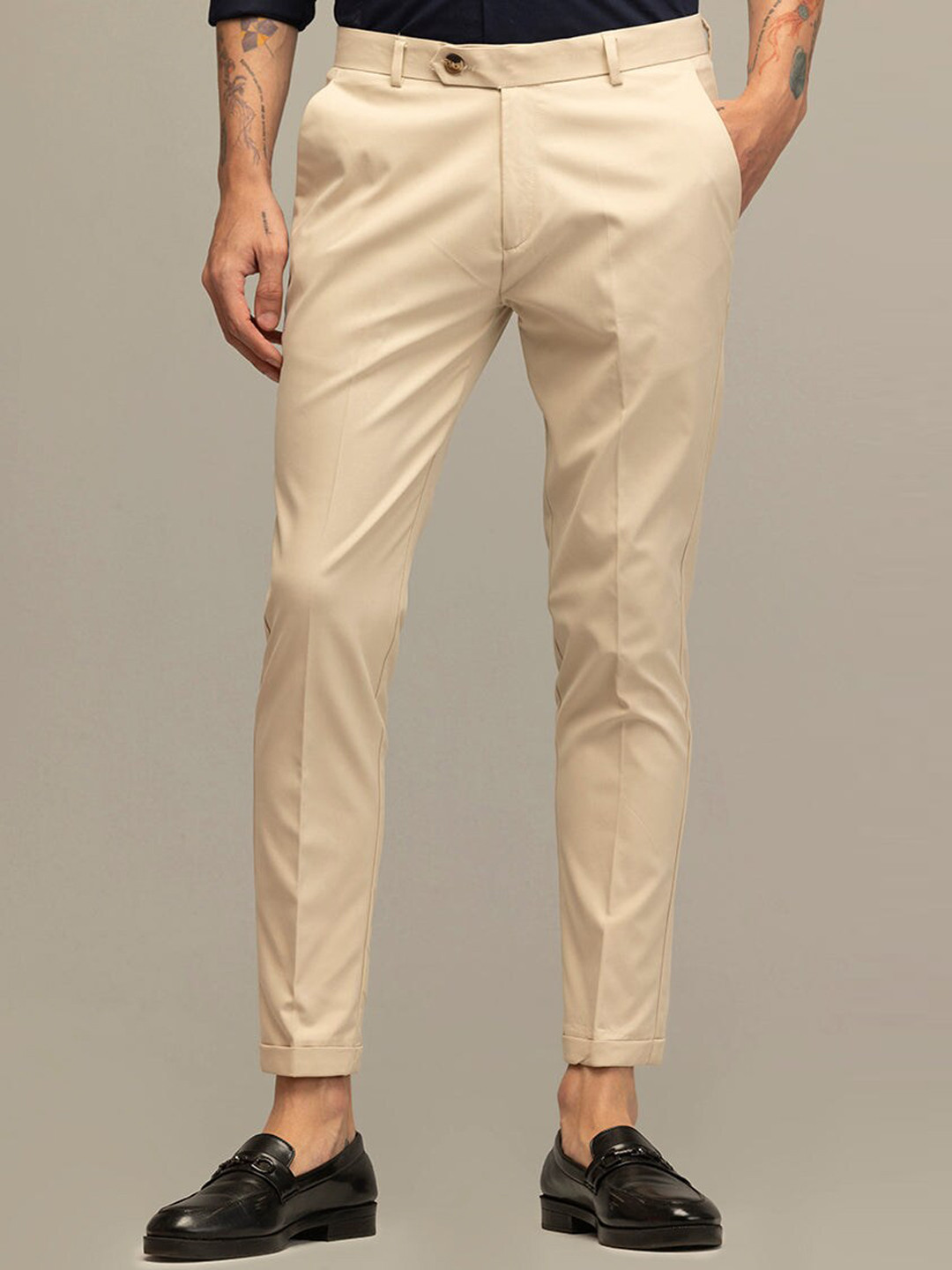

Snitch Men Smart Slim Fit Cotton Formal Trouser, Cream