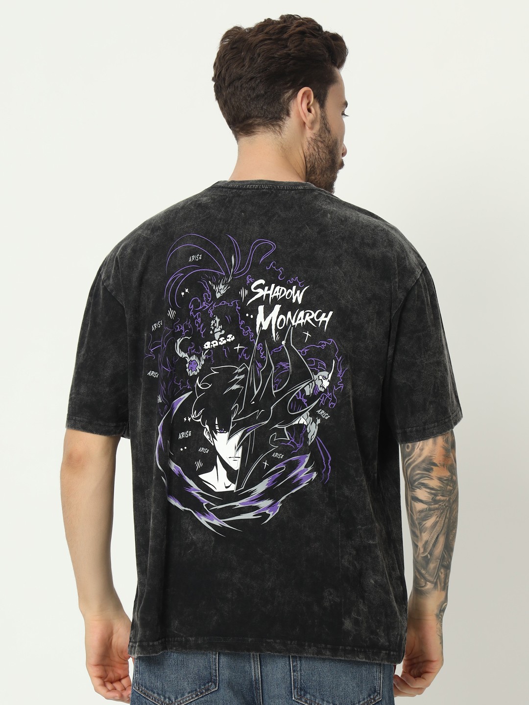 

COMICSENSE Shadow Monarch Printed Bio Finish Oversized Cotton Stone Washed Anime Tshirts, Grey