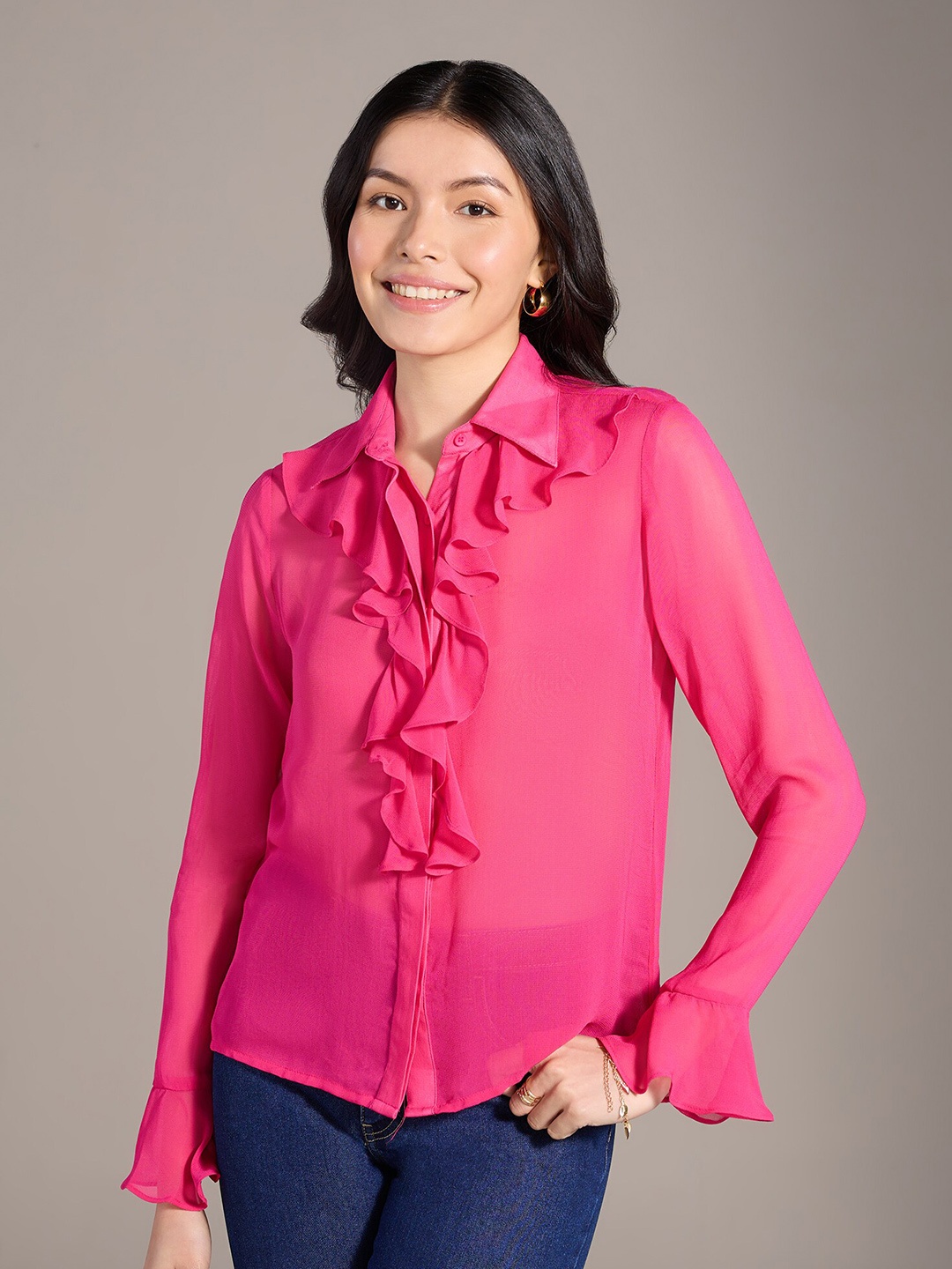 

20Dresses Fuchsia Pink Spread Collar Ruffle Casual Shirt