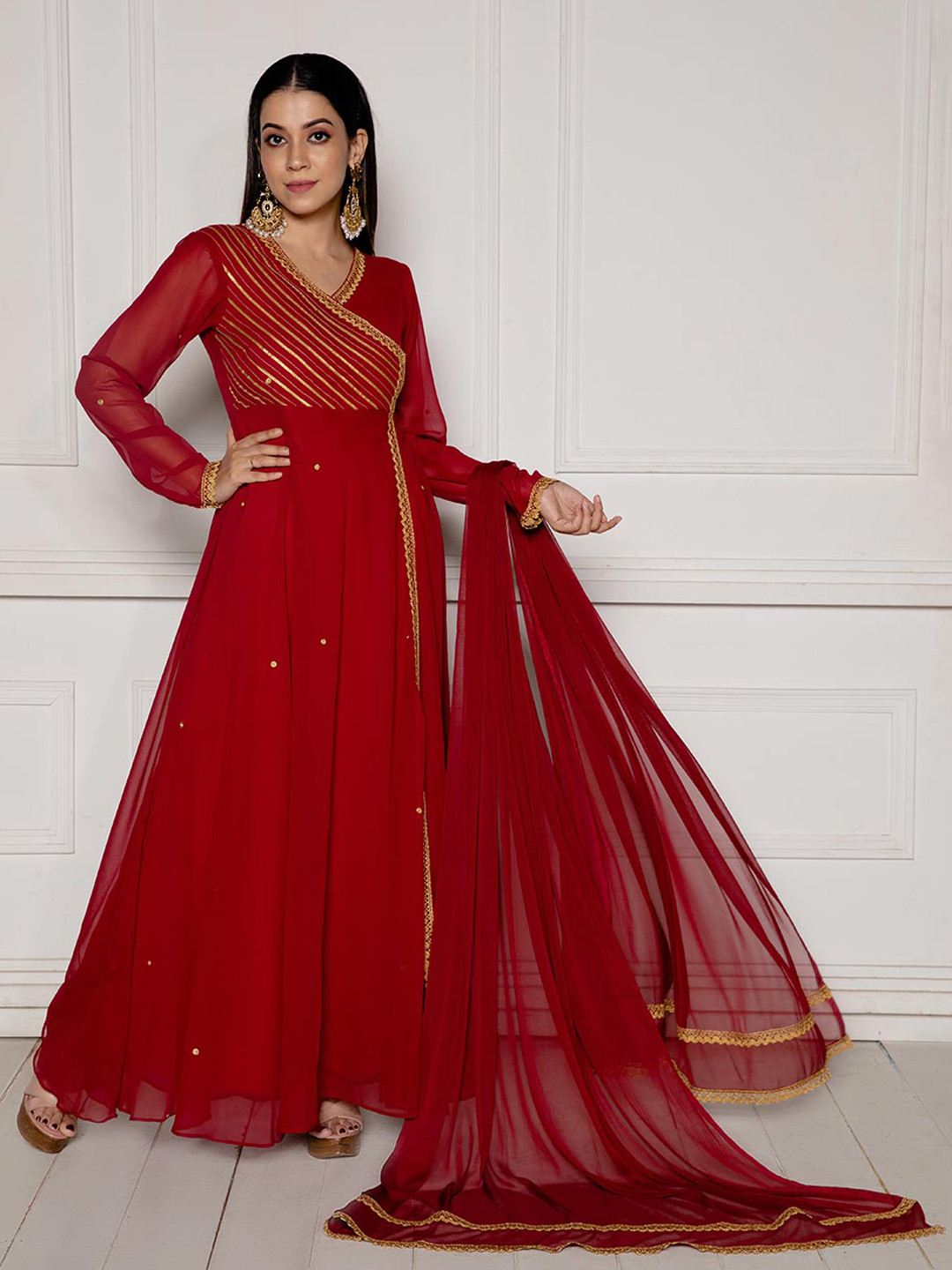 

NUD Long Sleeves Gotta Patti Georgette Ethnic Maxi Dress With Dupatta, Red
