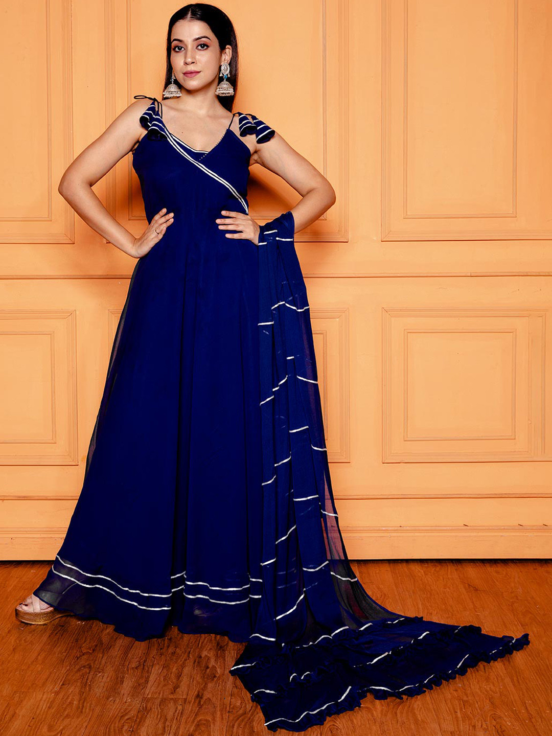 

NUD Shoulder Straps Georgette Anarkali Kurta With Dupatta, Navy blue