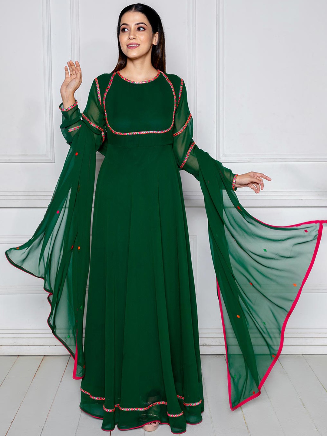

NUD Long Sleeves Embroidered Detail Georgette Ethnic Maxi Dress With Dupatta, Green
