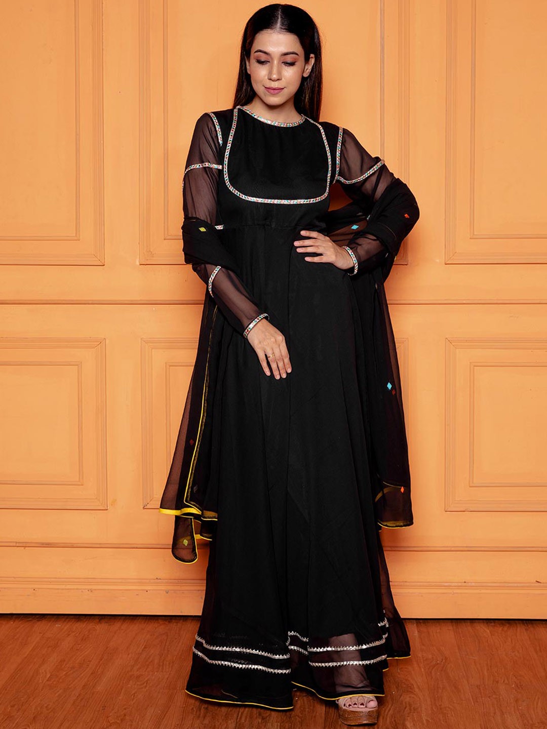 

NUD Gotta Patti Georgette Anarkali Kurta, Black