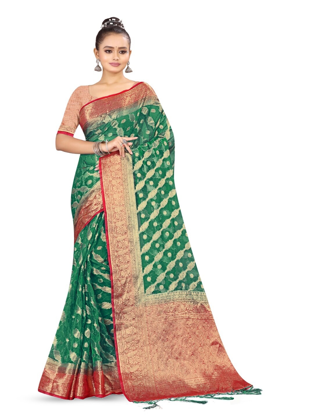 

RANGRASIYA Ethnic Motifs Woven Design Organza Banarasi Saree, Green