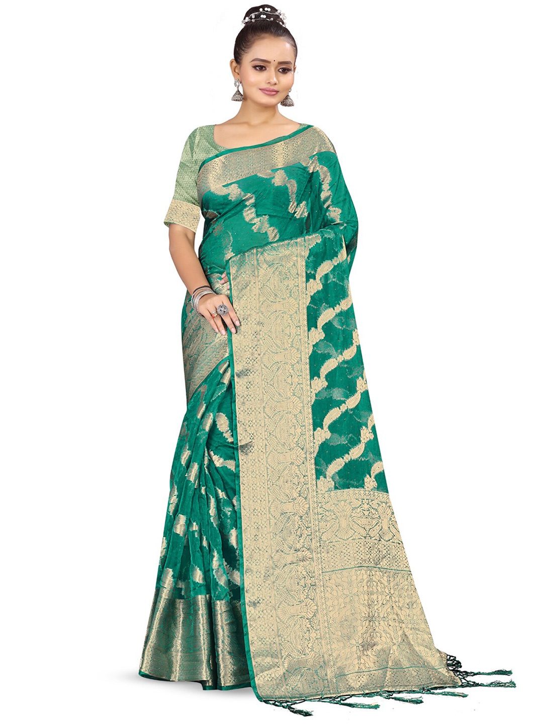 

RANGRASIYA Ethnic Motifs Woven Design Organza Banarasi Saree, Teal