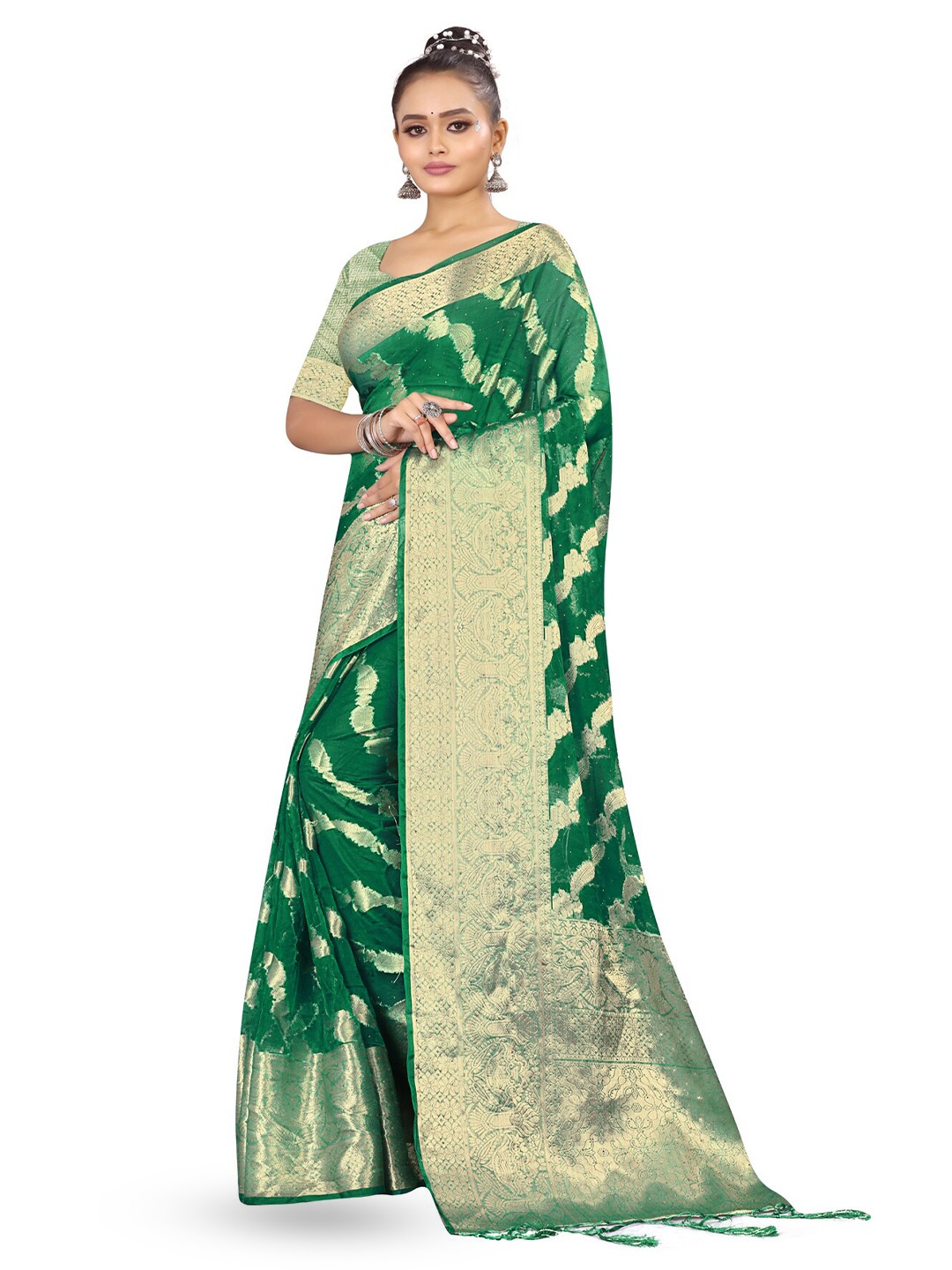 

RANGRASIYA Ethnic Motifs Woven Design Banarasi Saree, Green