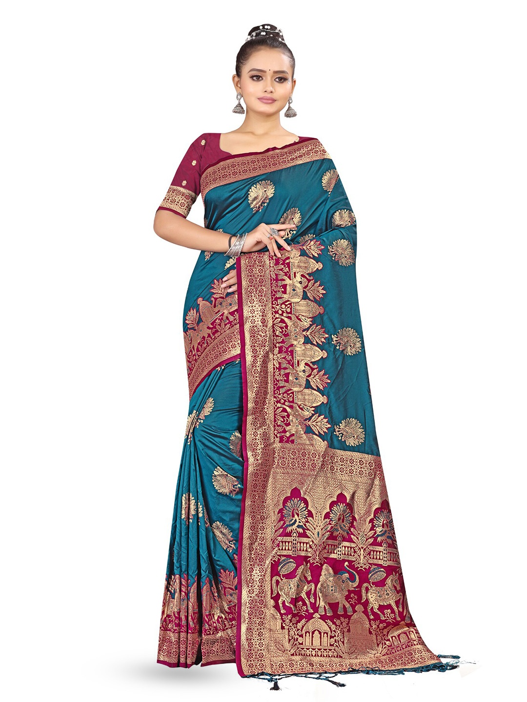 

RANGRASIYA Ethnic Motifs Woven Design Beads and Stones Art Silk Kanjeevaram Saree, Teal