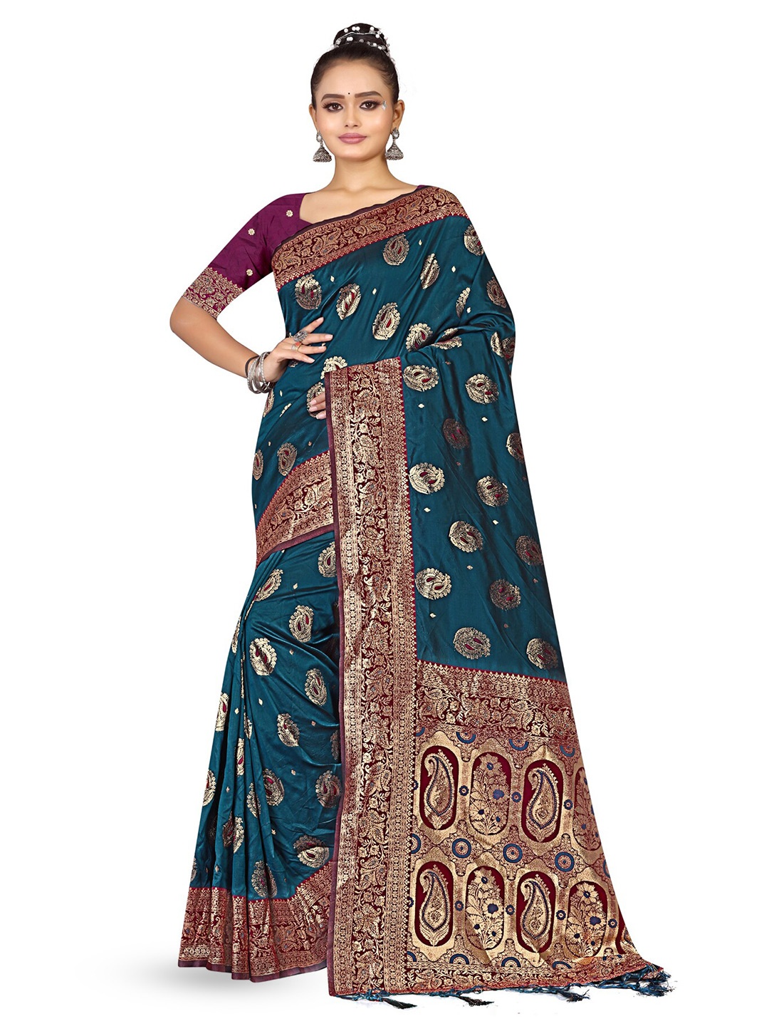 

RANGRASIYA Ethnic Motifs Woven Design Zari Art Silk Kanjeevaram Saree, Teal