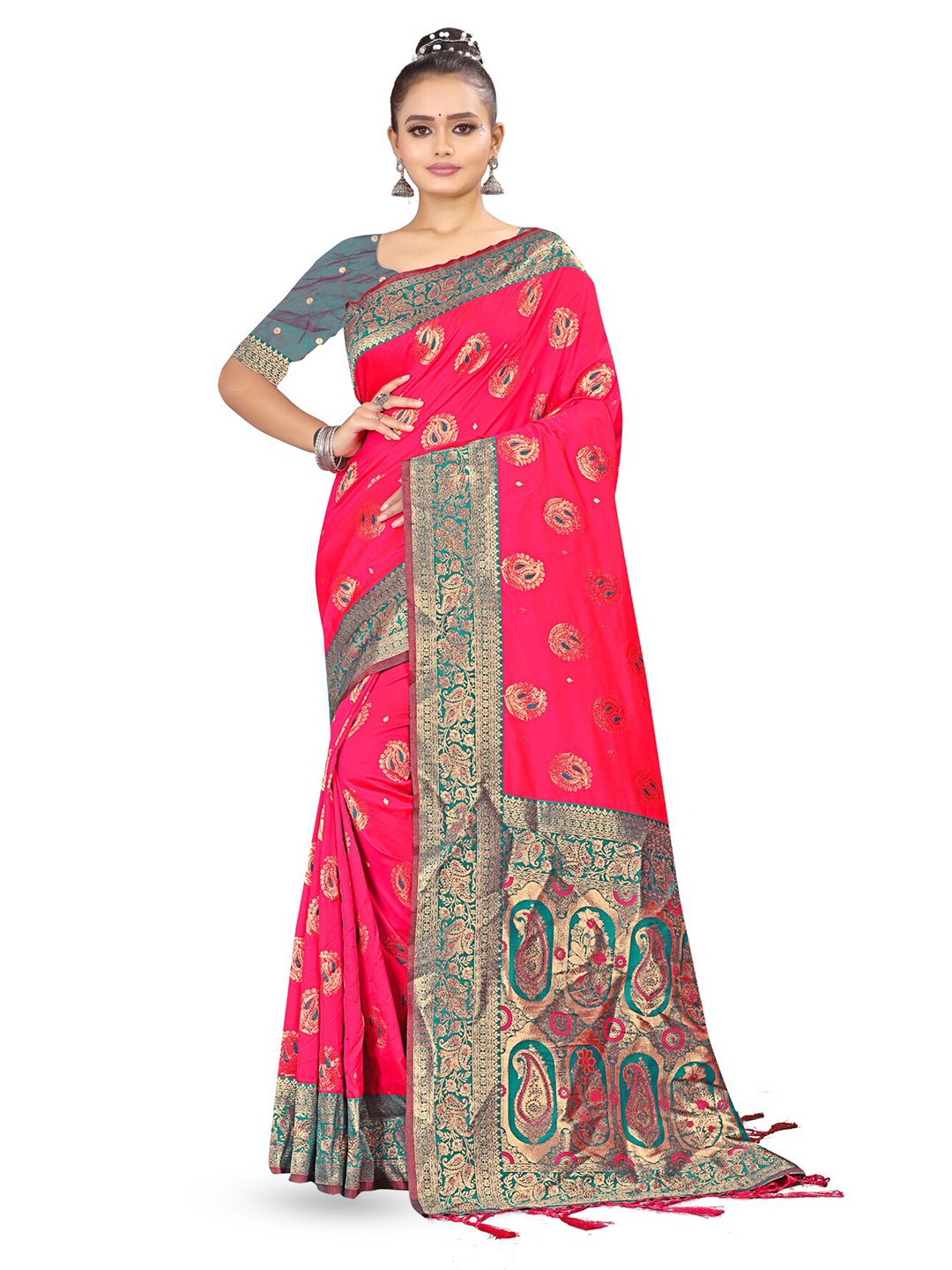 

RANGRASIYA Ethnic Motifs Woven Design Zari Art Silk Kanjeevaram Saree, Pink