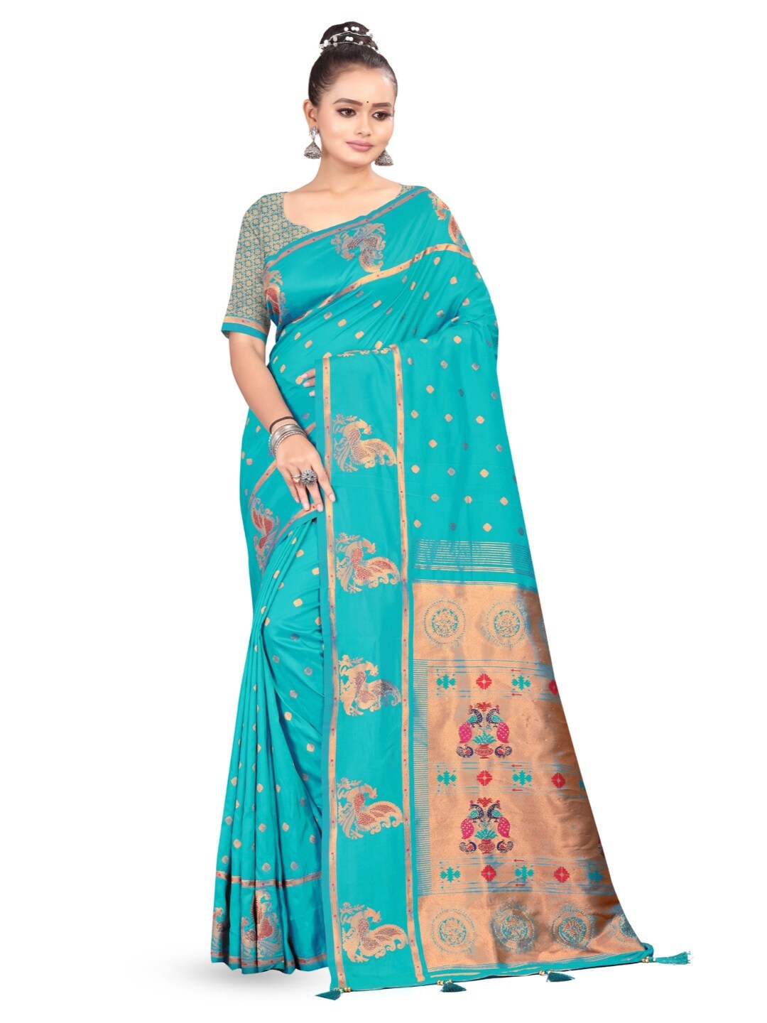 

RANGRASIYA Ethnic Woven Design Paithani Saree, Turquoise blue