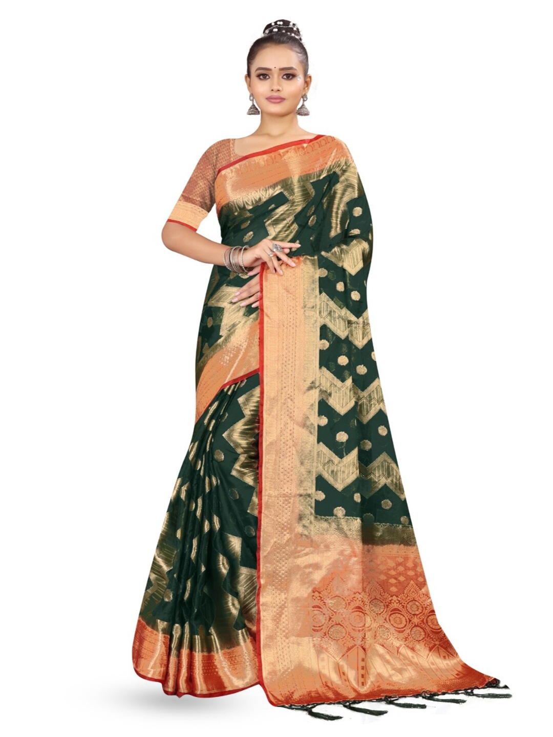 

RANGRASIYA Ethnic Motifs Woven Design Zari Organza Banarasi Saree, Green