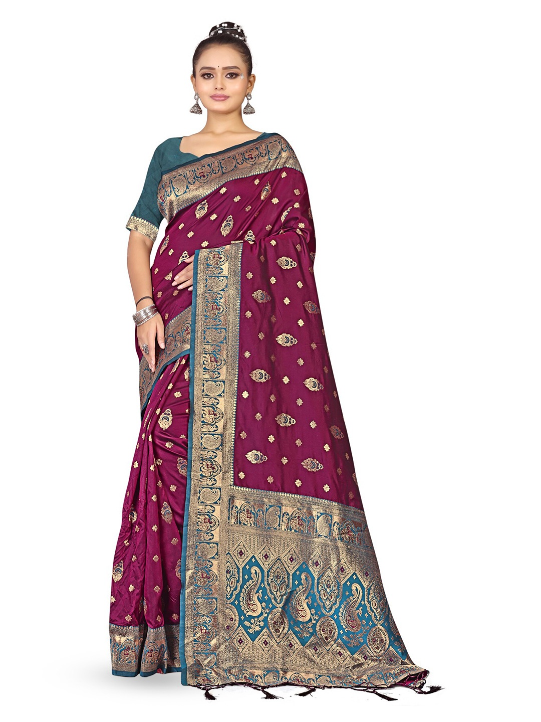 

RANGRASIYA Woven Design Zari Art Silk Kanjeevaram Saree, Magenta