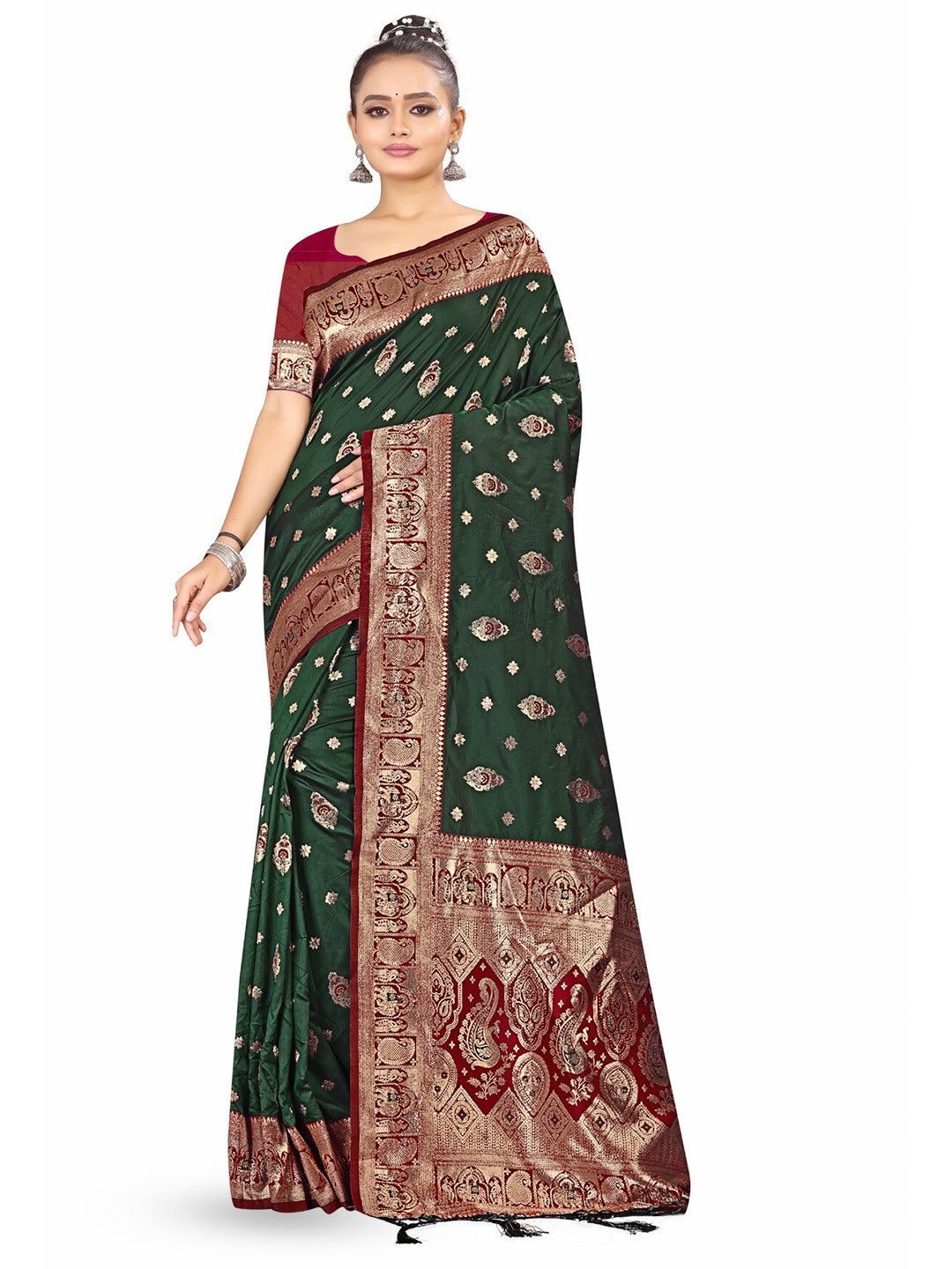 

RANGRASIYA Ethnic Motifs Woven Design Zari Kanjeevaram Saree, Olive