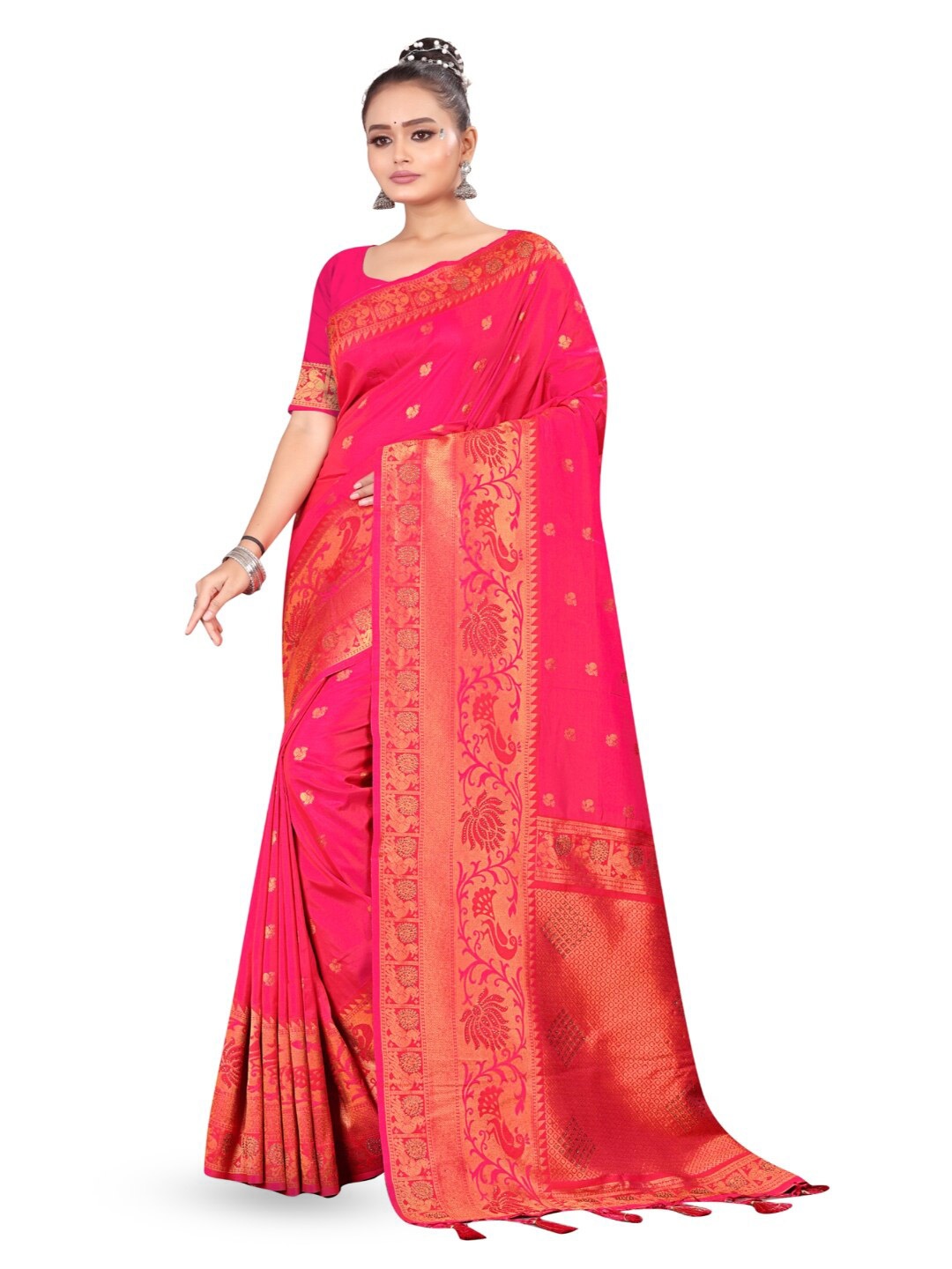 

RANGRASIYA Ethnic Motifs Beads and Stones Organza Banarasi Saree, Pink