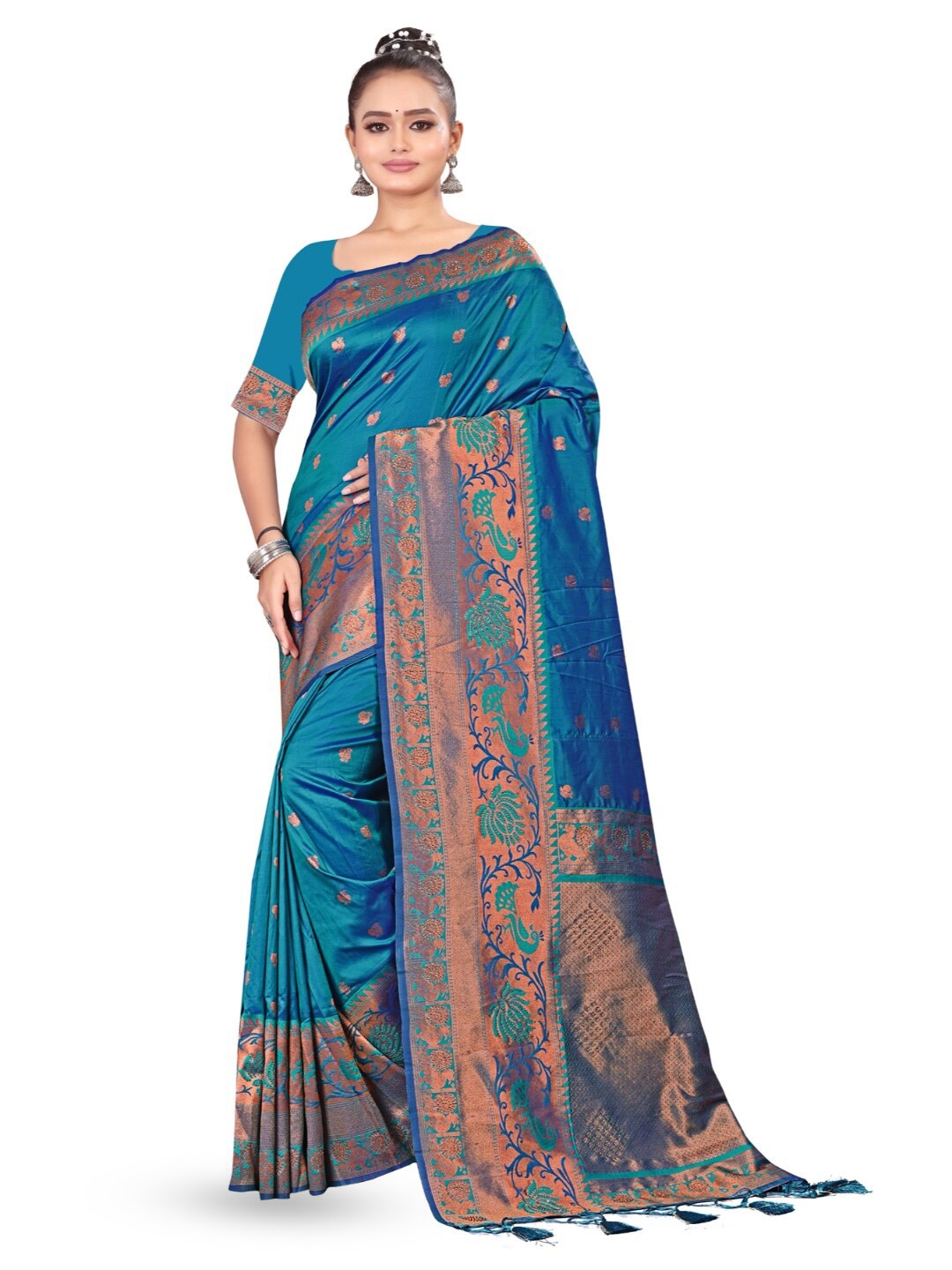 

RANGRASIYA Ethnic Motifs Woven Design Zari Organza Banarasi Saree, Turquoise blue