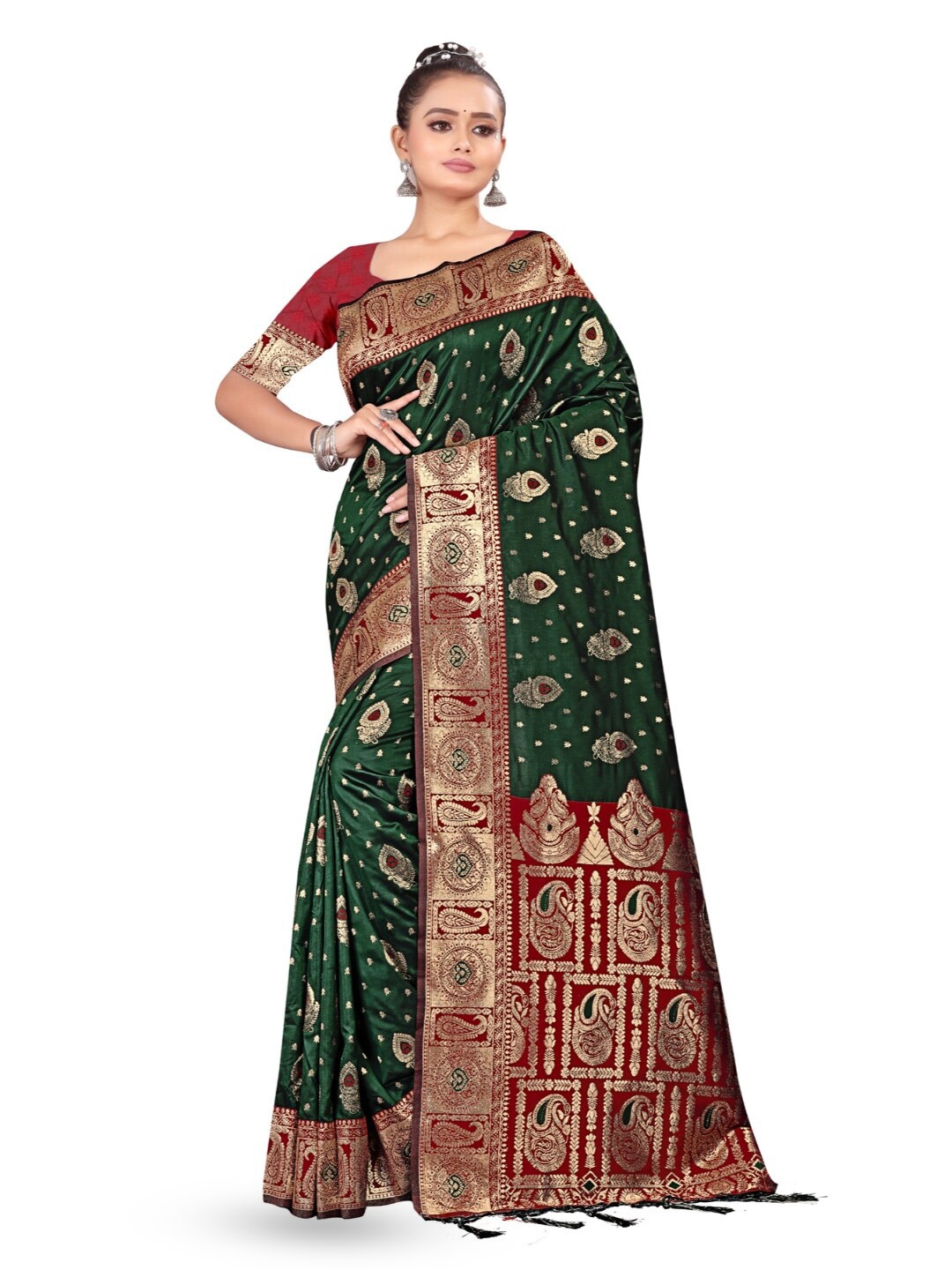 

RANGRASIYA Ethnic Motifs Woven Design Zari Art Silk Kanjeevaram Saree, Olive