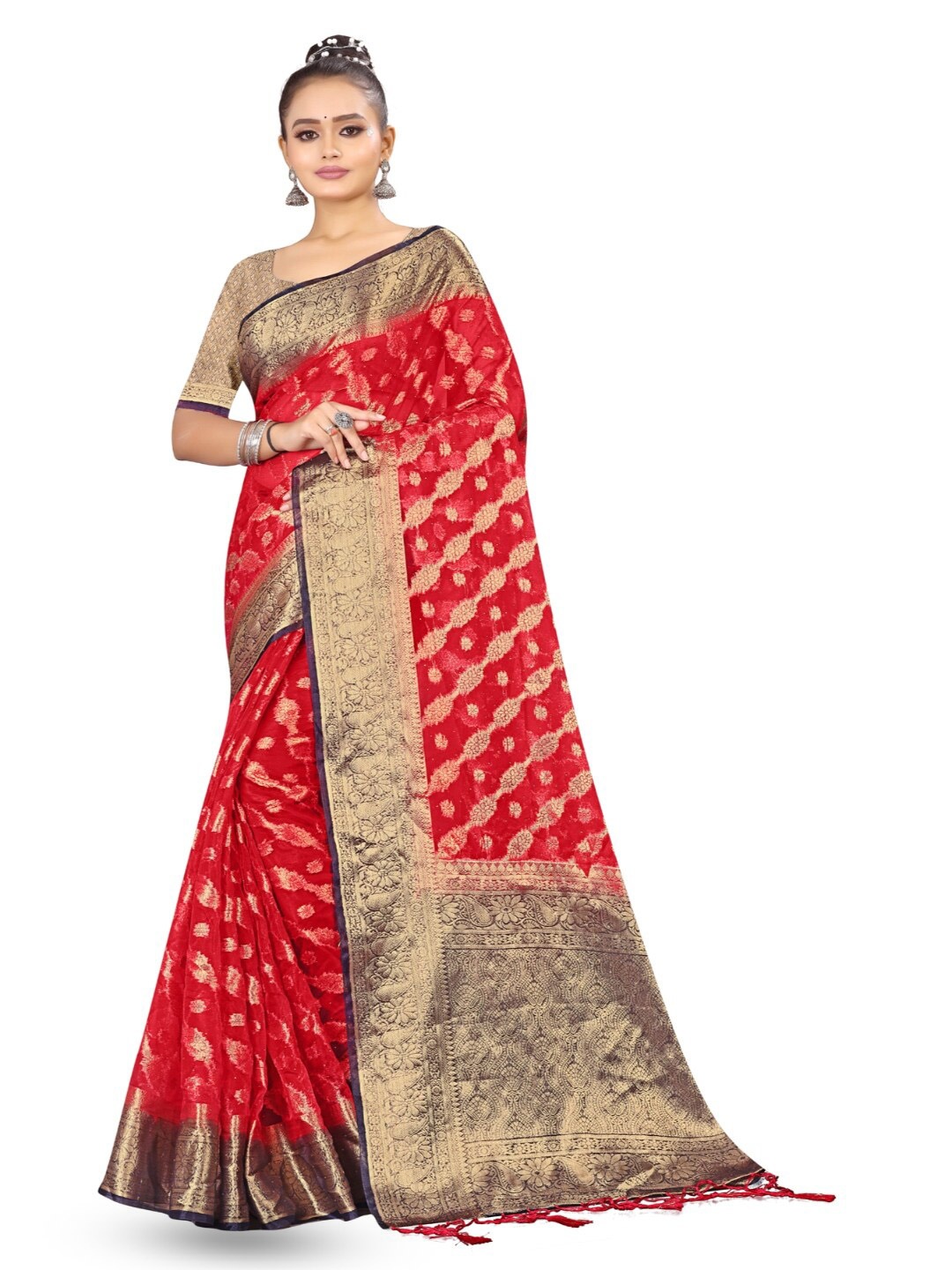 

RANGRASIYA Ethnic Motifs Woven Design Organza Banarasi Saree, Red