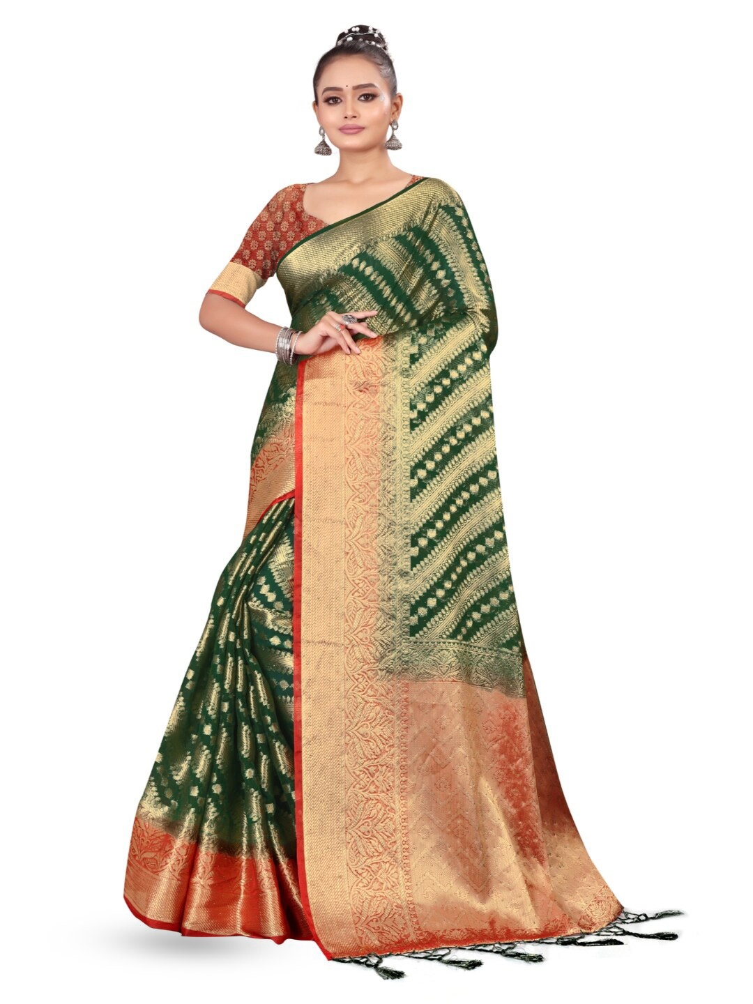 

RANGRASIYA Ethnic Motifs Woven Design Zari Organza Banarasi Saree, Green