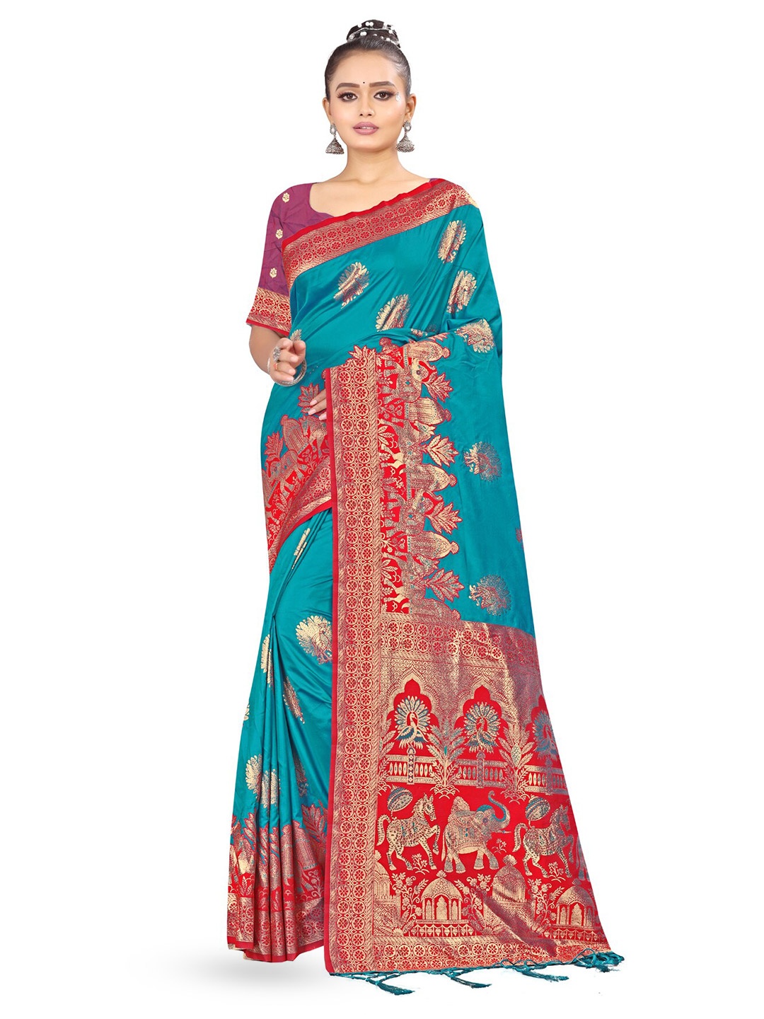 

RANGRASIYA Ethnic Motifs Zari Art Silk Kanjeevaram Saree, Turquoise blue