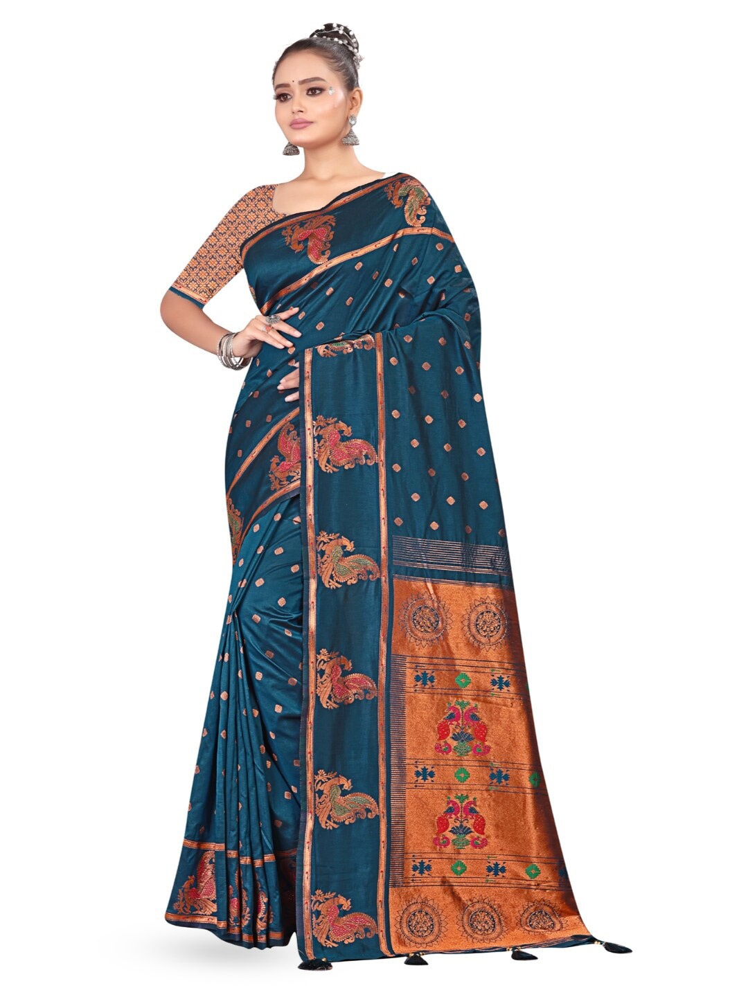 

RANGRASIYA Ethnic Motifs Zari Art Silk Paithani Saree, Teal