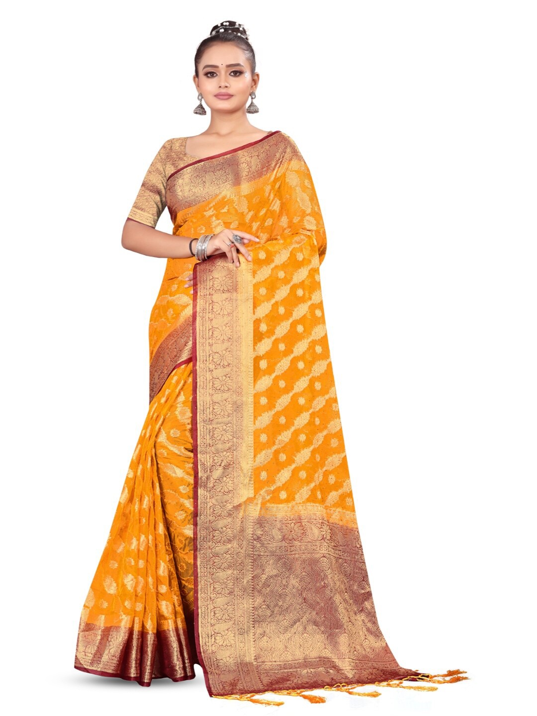 

RANGRASIYA Ethnic Motifs Woven Design Zari Organza Banarasi Saree, Yellow