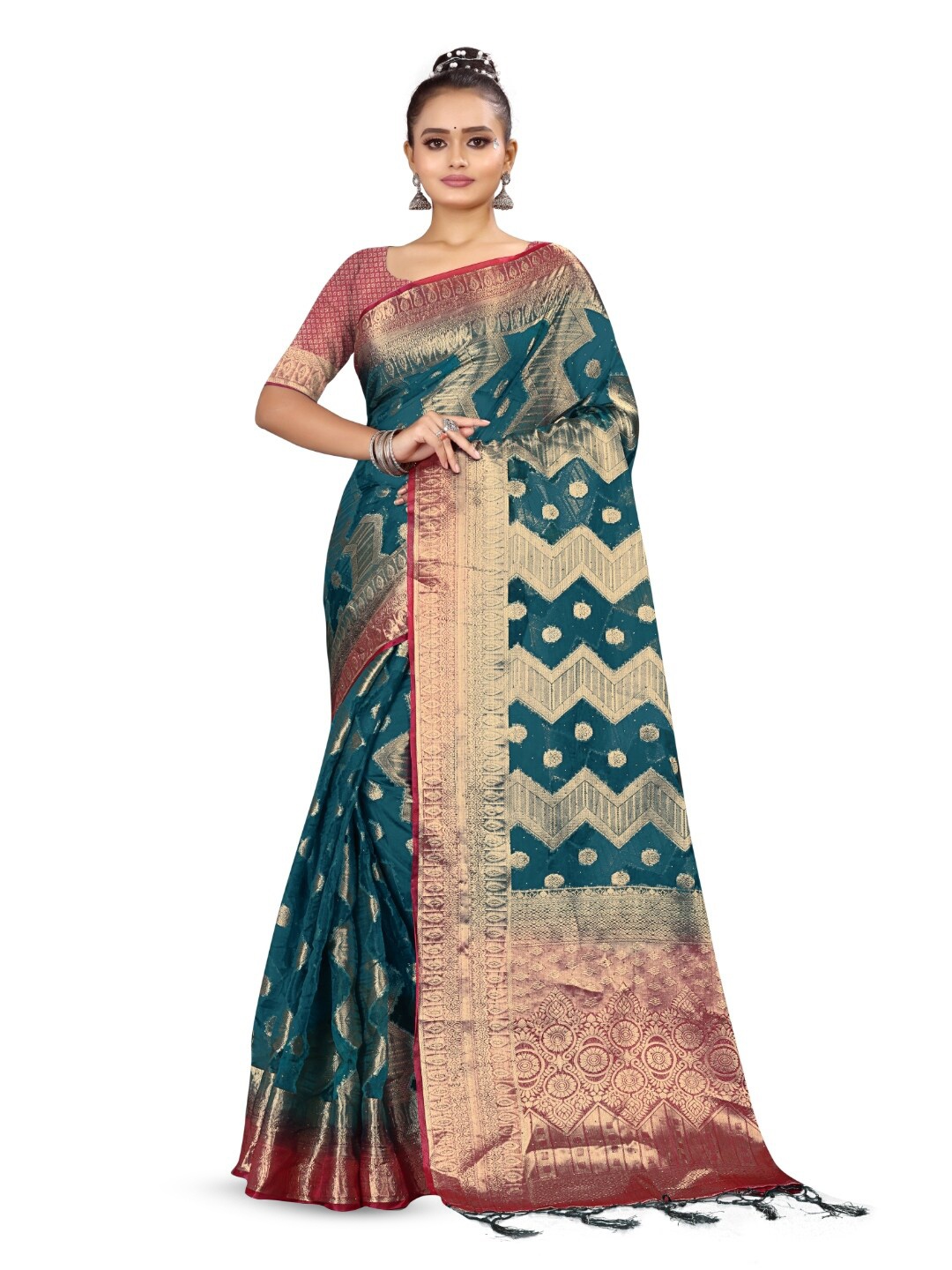 

RANGRASIYA Ethnic Motifs Woven Design Beads and Stones Organza Banarasi Saree, Teal