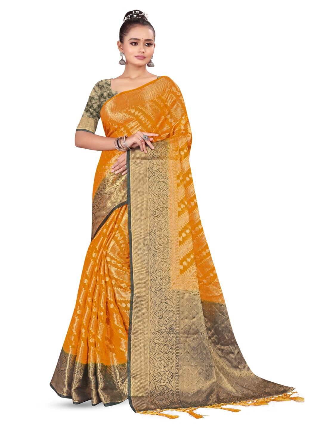 

RANGRASIYA Ethnic Motifs Zari Organza Banarasi Saree, Yellow