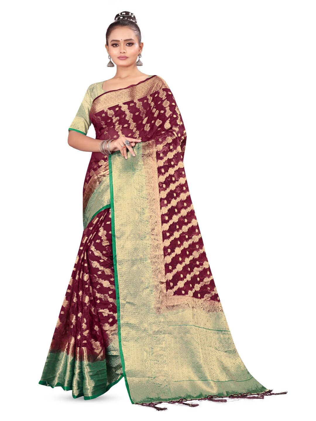 

RANGRASIYA Ethnic Motifs Woven Design Beads and Stones Organza Banarasi Saree, Maroon