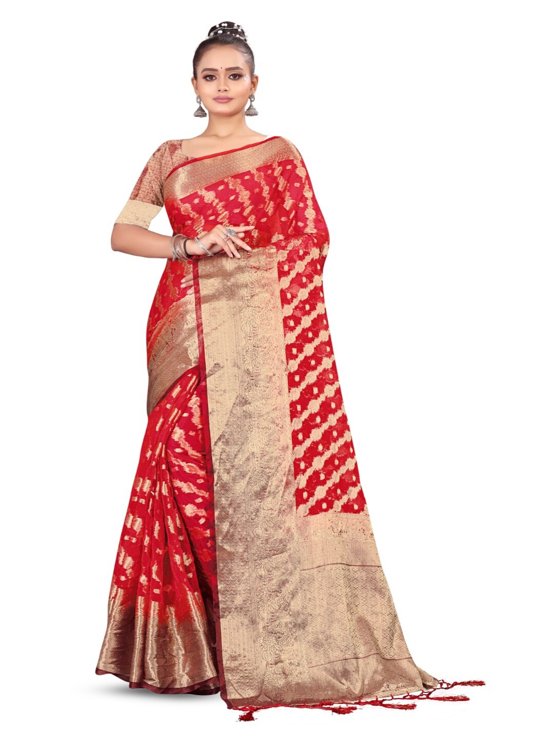 

RANGRASIYA Ethnic Motifs Woven Design Zari Organza Banarasi Saree, Red