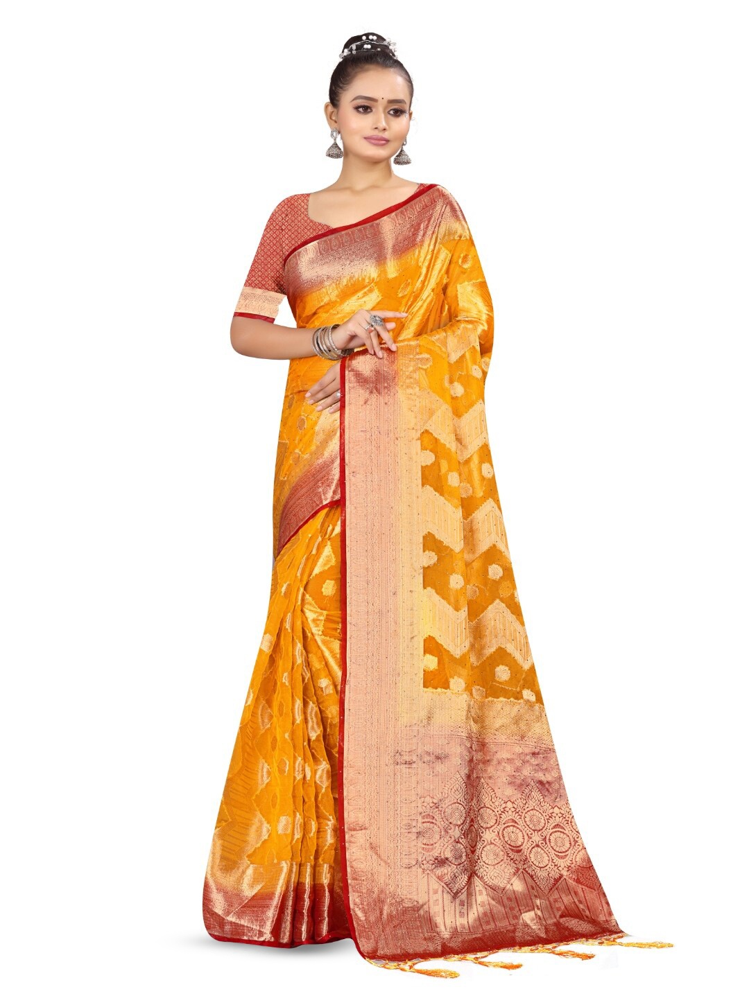 

RANGRASIYA Woven Design Zari Organza Banarasi Saree, Yellow