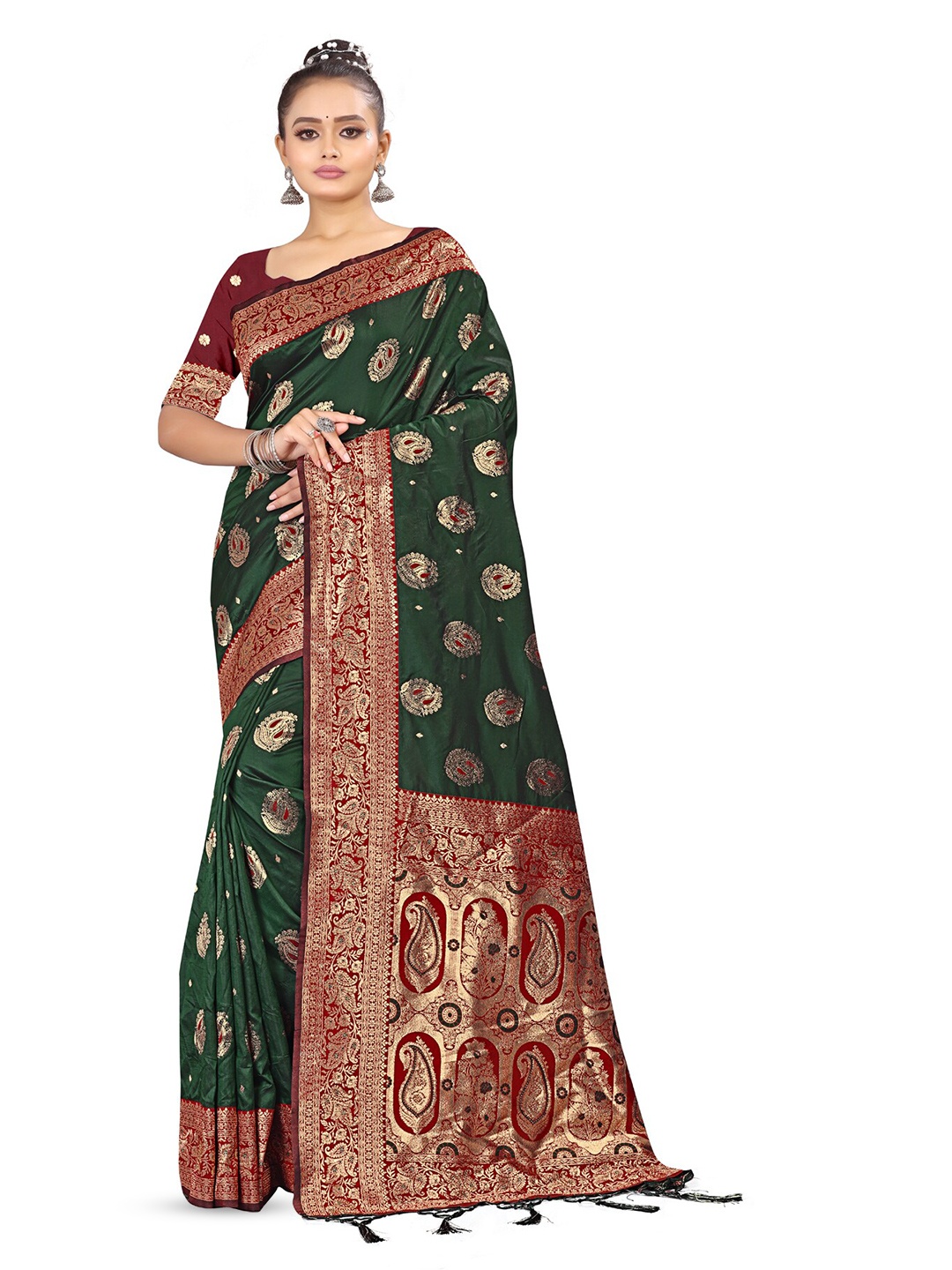 

RANGRASIYA Ethnic Motifs Woven Design Zari Art Silk Kanjeevaram Saree, Olive