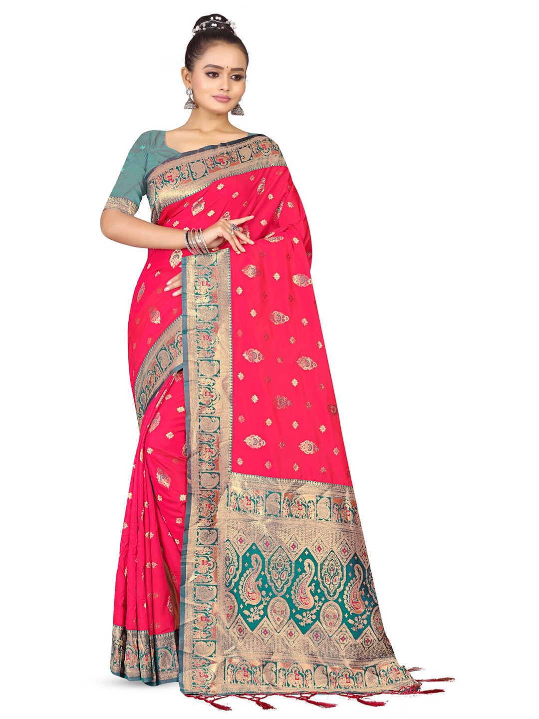 

RANGRASIYA Ethnic Motifs Zari Art Silk Kanjeevaram Saree, Pink