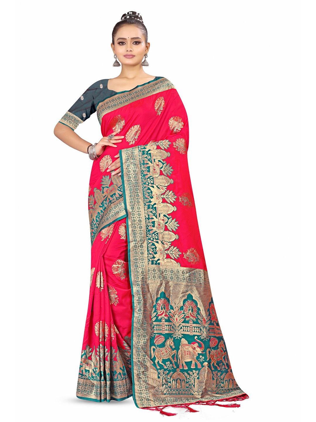 

RANGRASIYA Ethnic Motifs Art Silk Kanjeevaram Saree, Pink