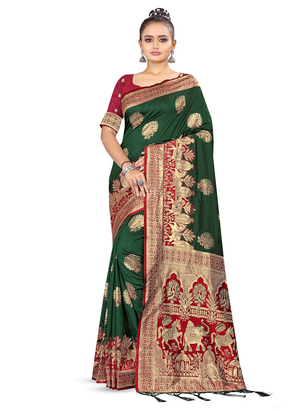 

RANGRASIYA Ethnic Motifs Woven Design Zari Art Silk Kanjeevaram Saree, Olive